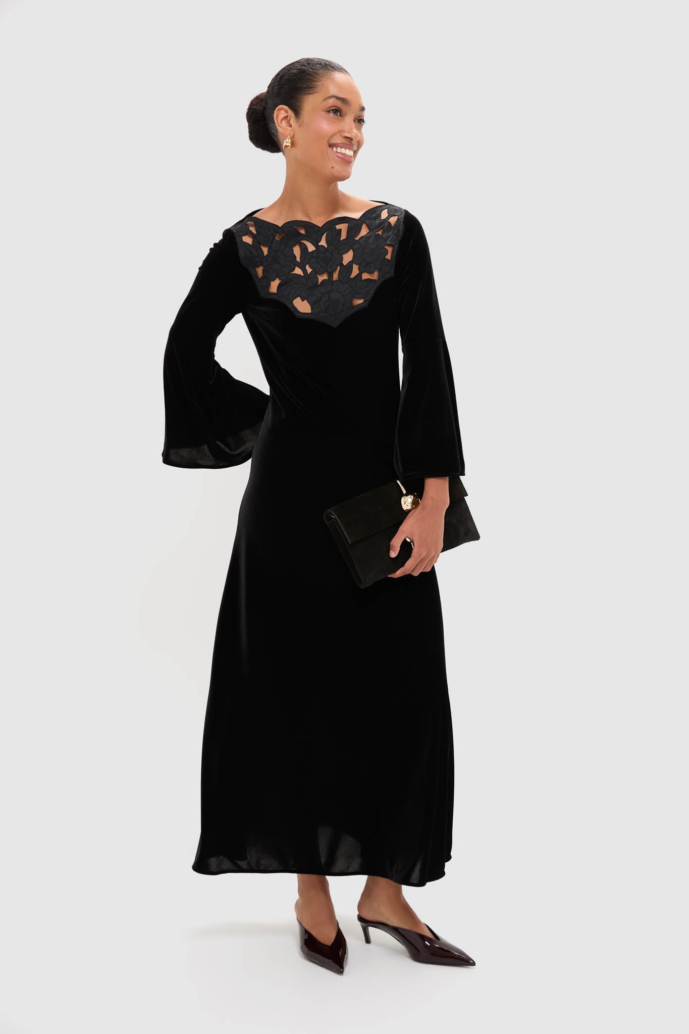 Accademia Black Velvet Bell Sleeve Catherine Maxi Dress