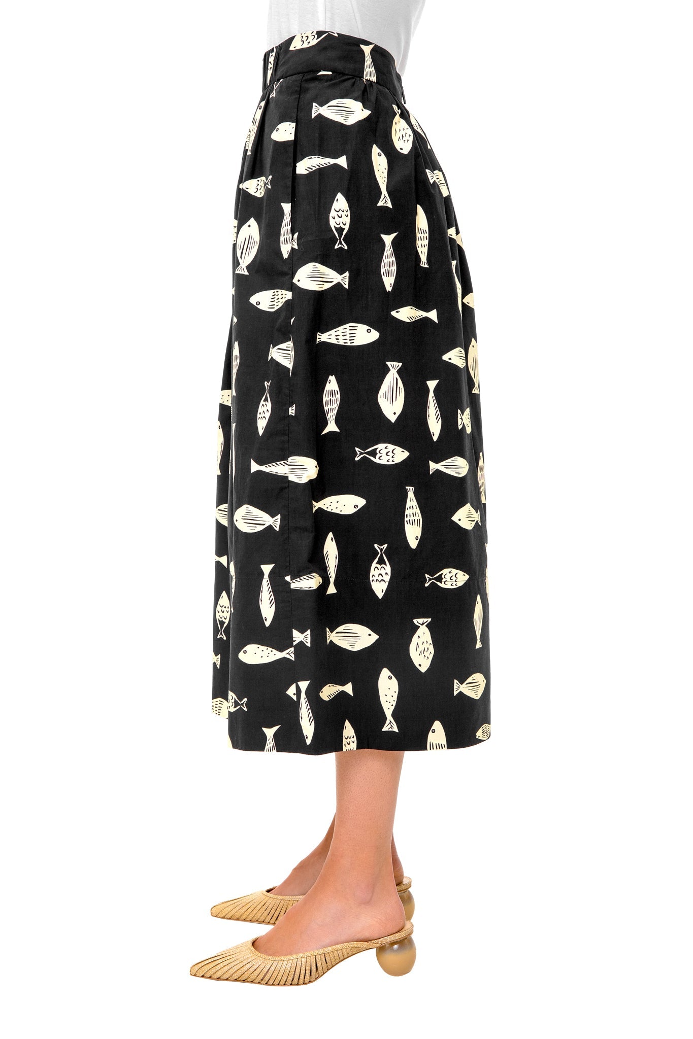 Poisson Print Smocking Waistband Full Skirt