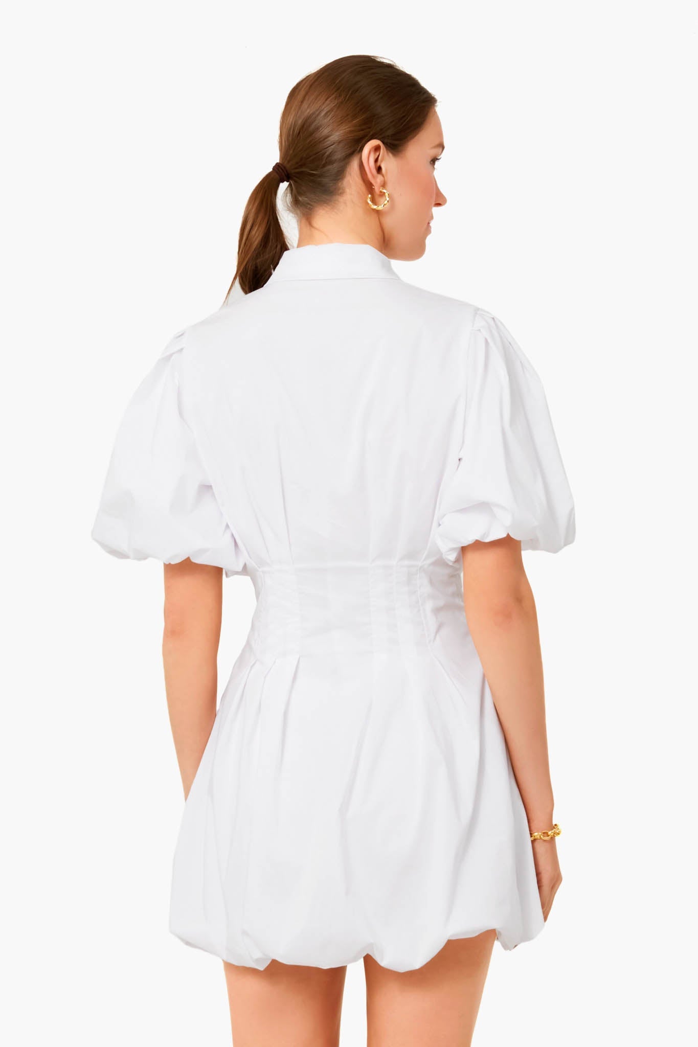 White Cleo Core Pleated Poplin Balloon Pintuck Mini Dress
