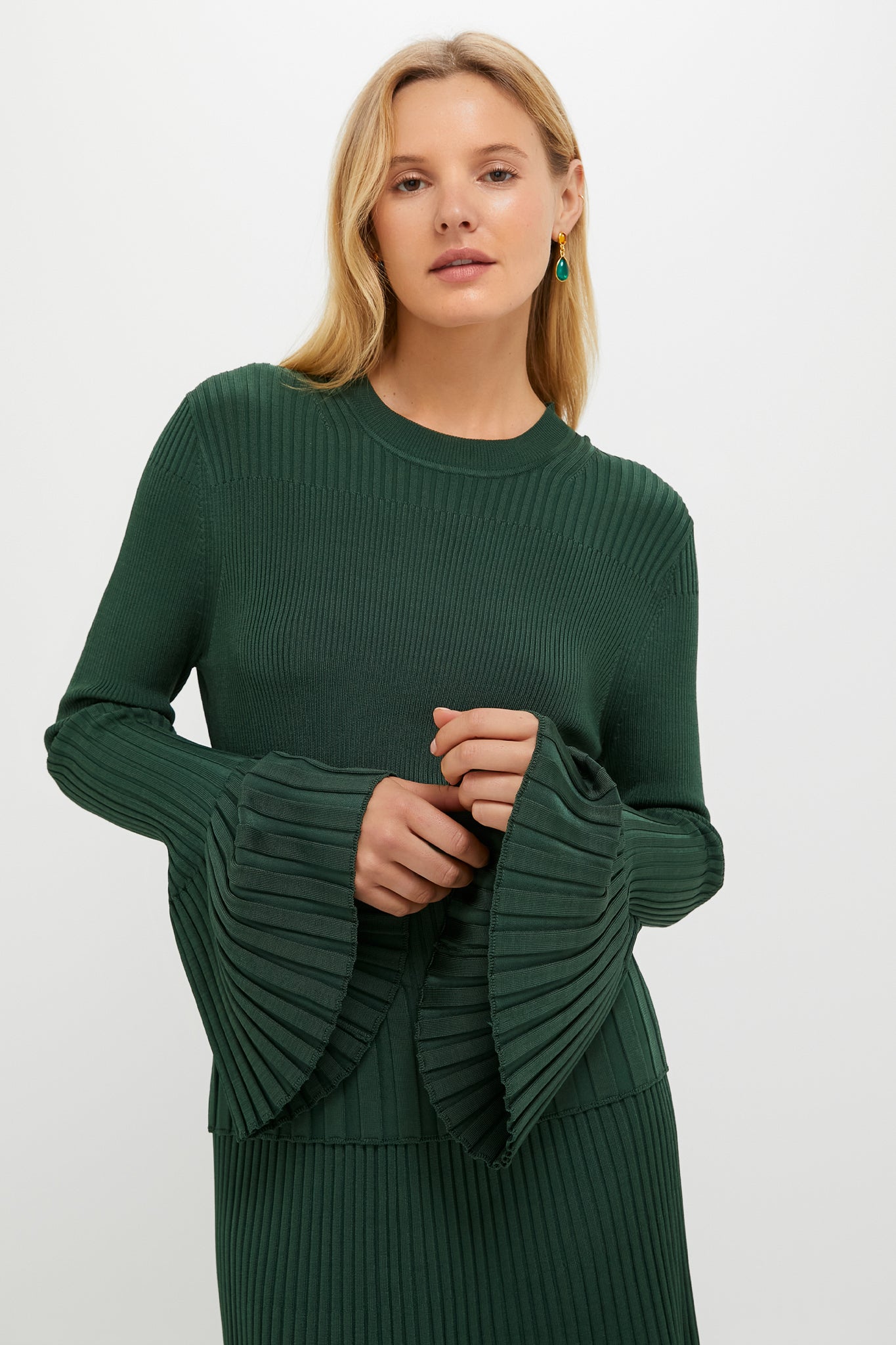 Dark Green Bell Sleeve Rib Sweater