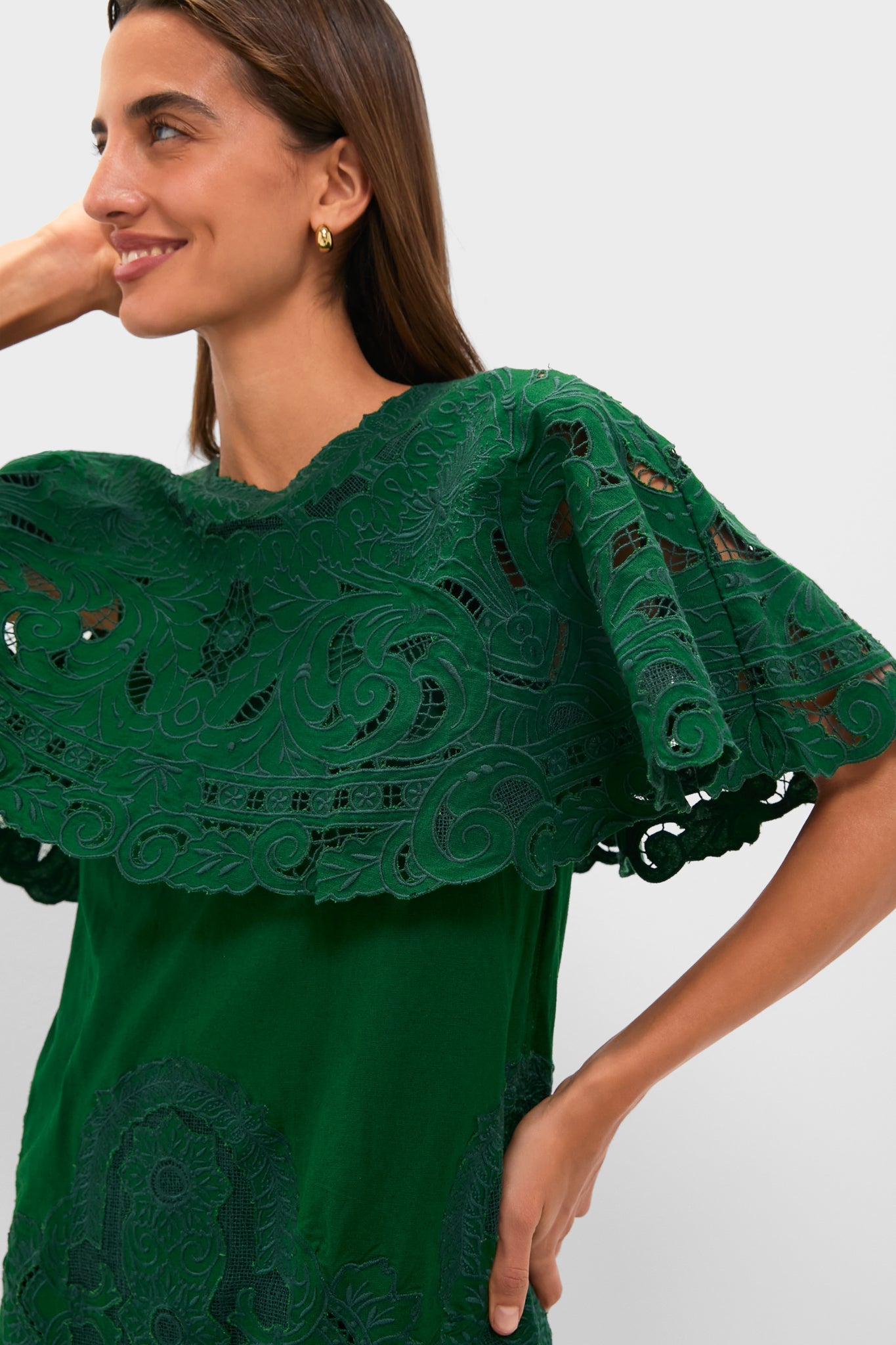 Green Ceci Embroidery Capelet Mini Dress