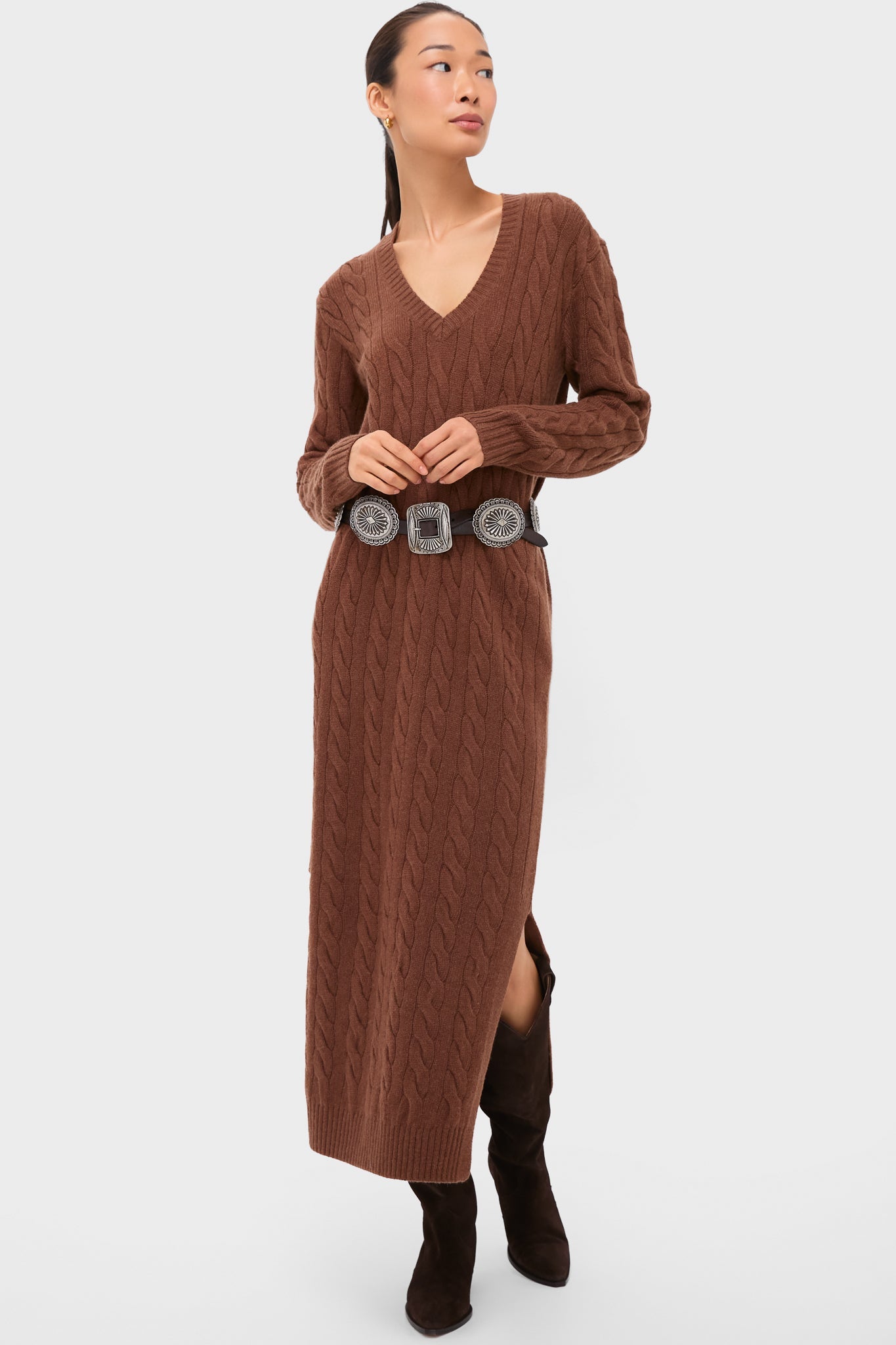 Gingerbread Brown Melange Alpaca Blend Sweater V-Neck Long Sleeve Dress