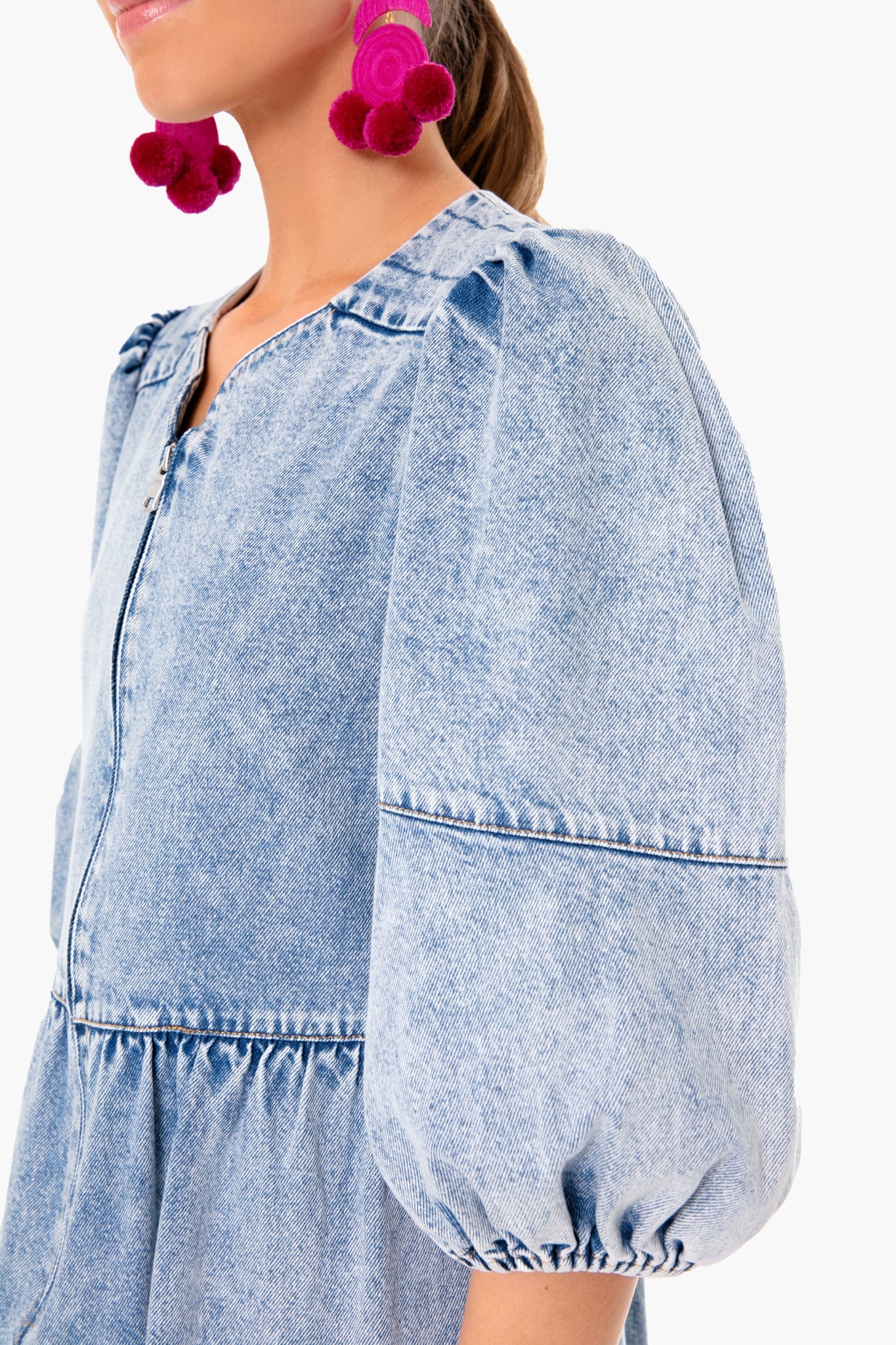Blue Dax Acid Wash Denim Puff Sleeve Dress