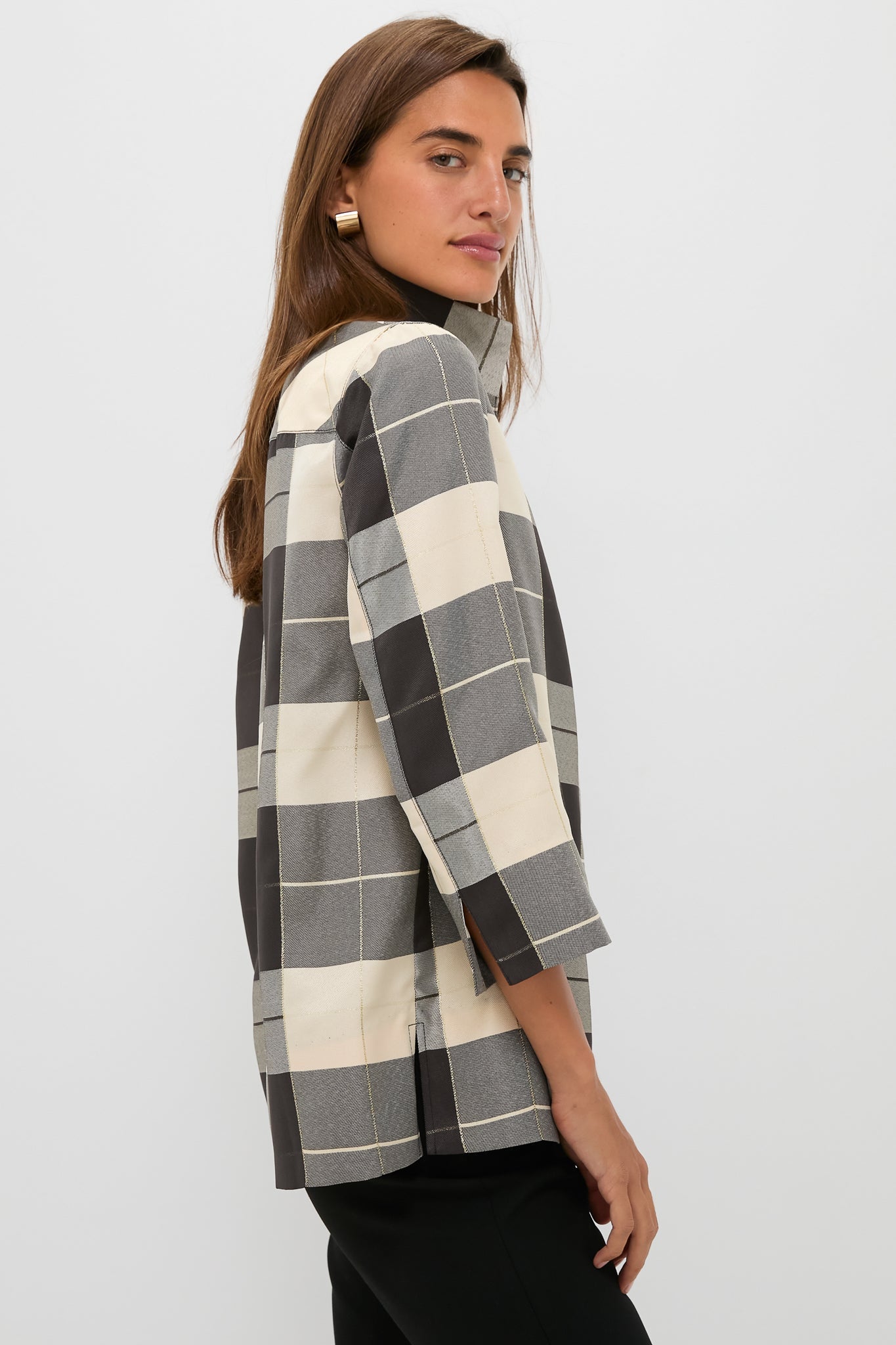 Mairead Check Plaid Margot Stand Collar Blouse