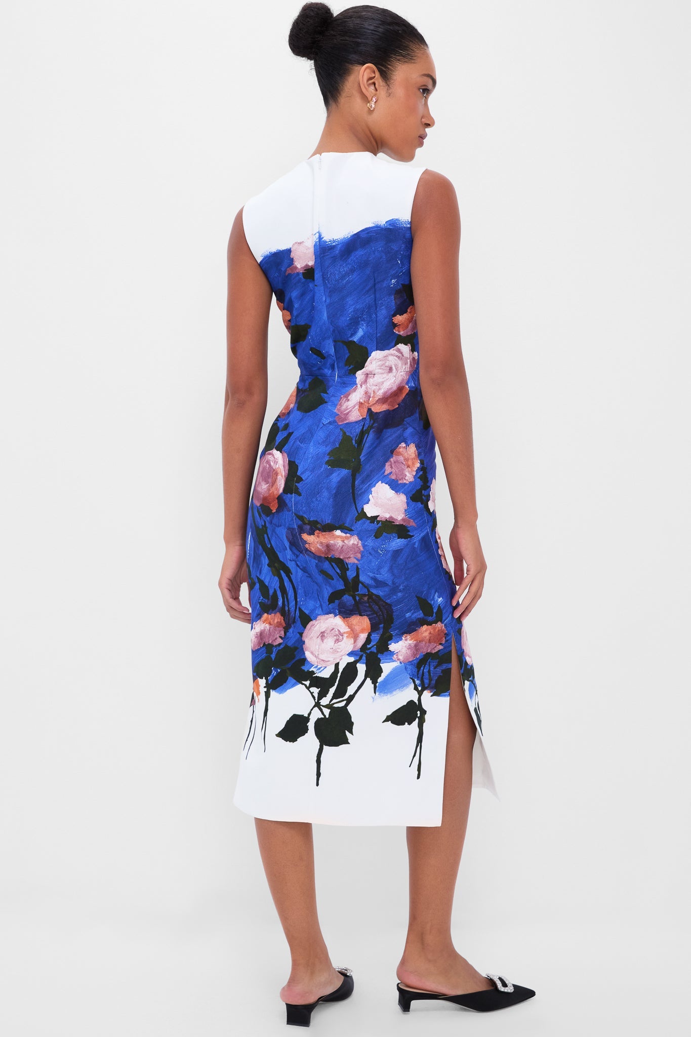 Brushstroke Rose Cobalt Blue Sleeveless Pencil Midi Dress