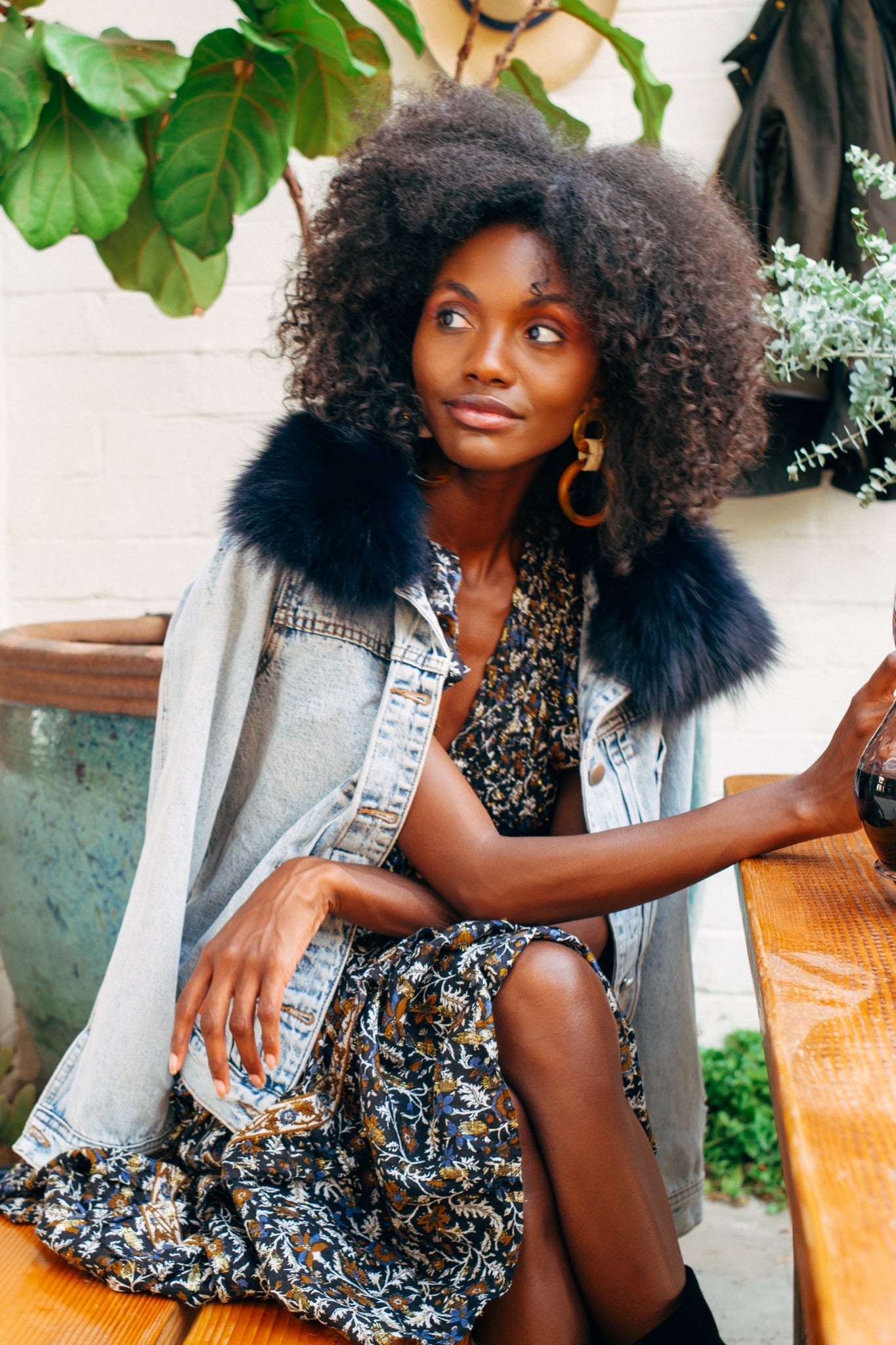 Denim Jacket With Removable Navy Fur Collar