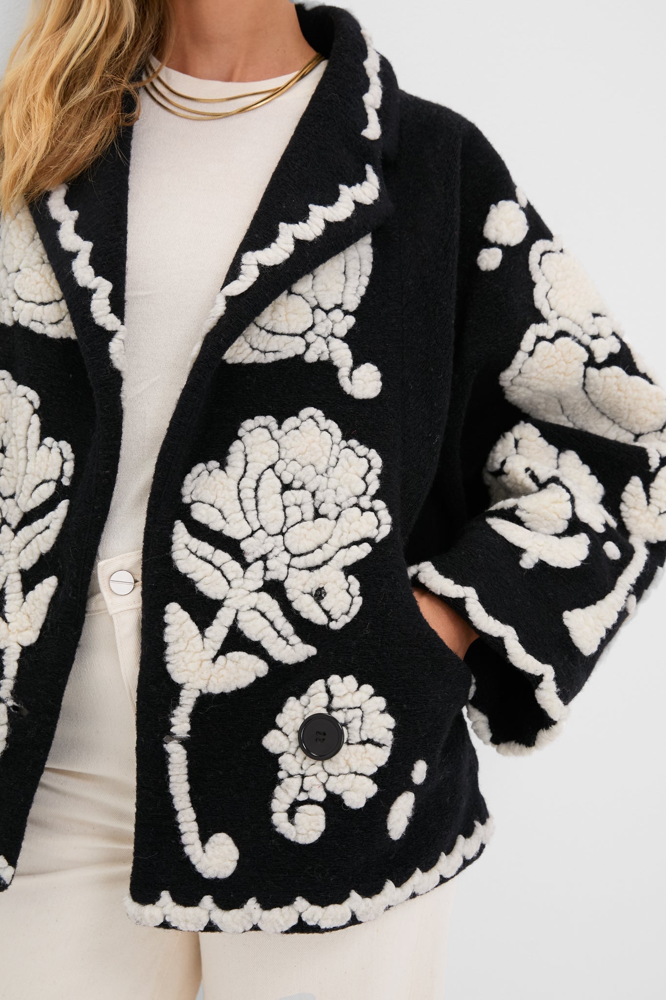 Black Cream Floral Arabesque Fleece Coat