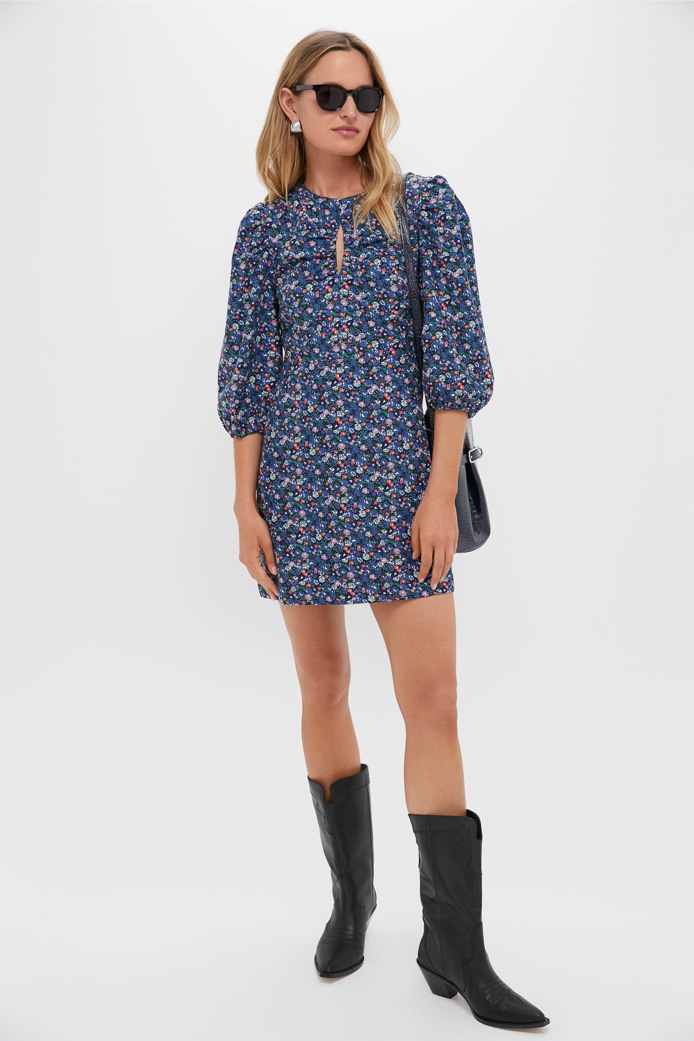 Black & Navy Corduroy Floral Keyhole Moore Mini Dress