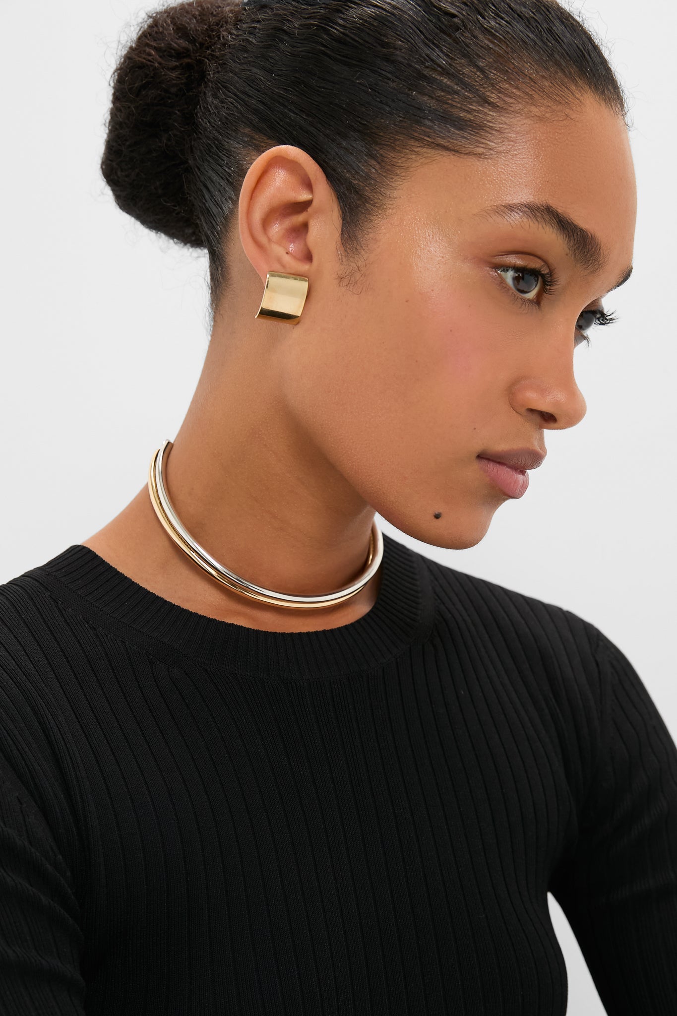 Shiny Gold and Dark Silver Tubular Collar Necklace Set of Two