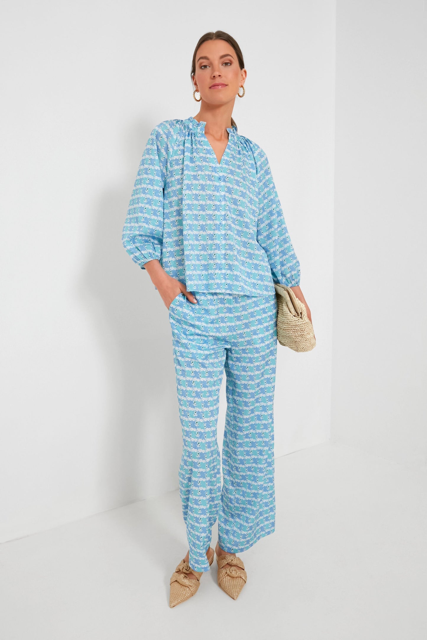 Blue Geometric Print Silky Paloma Pants