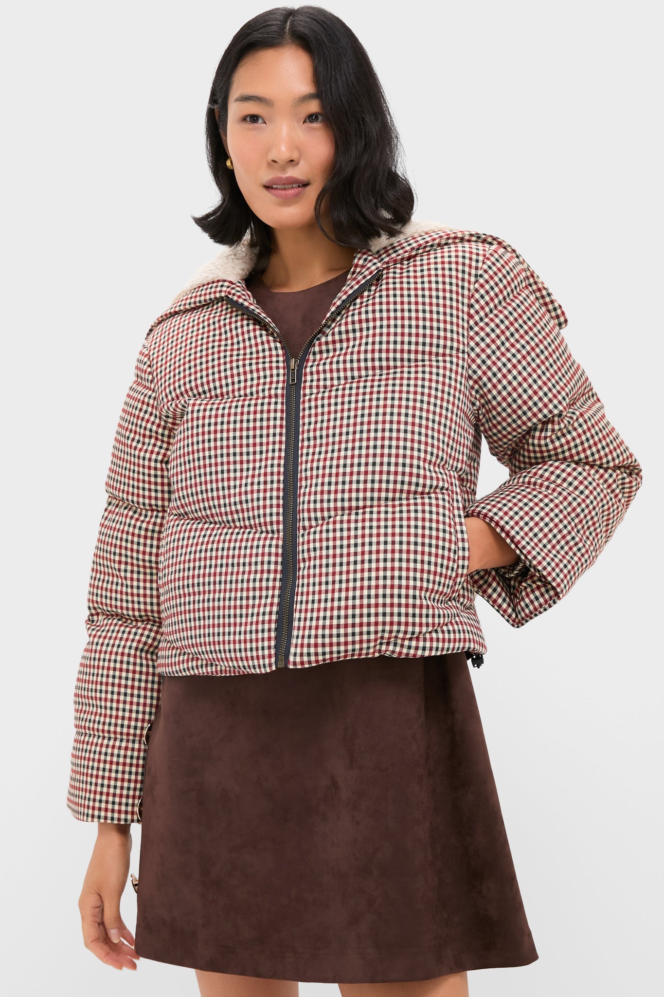 Multi Sally Gingham Puffer with Shearling Collar