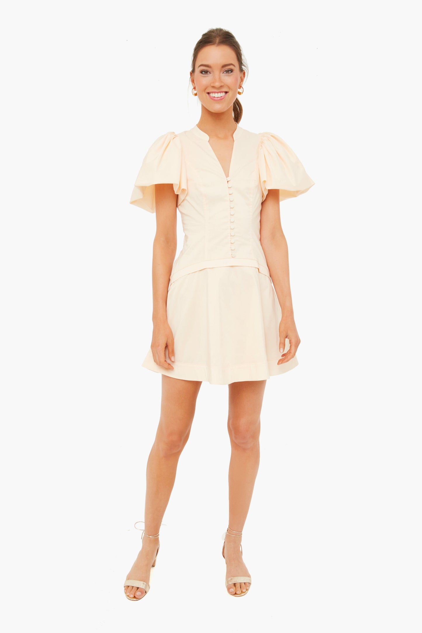 Almond Bessie Ruched Poplin Puff Sleeve Mini Dress
