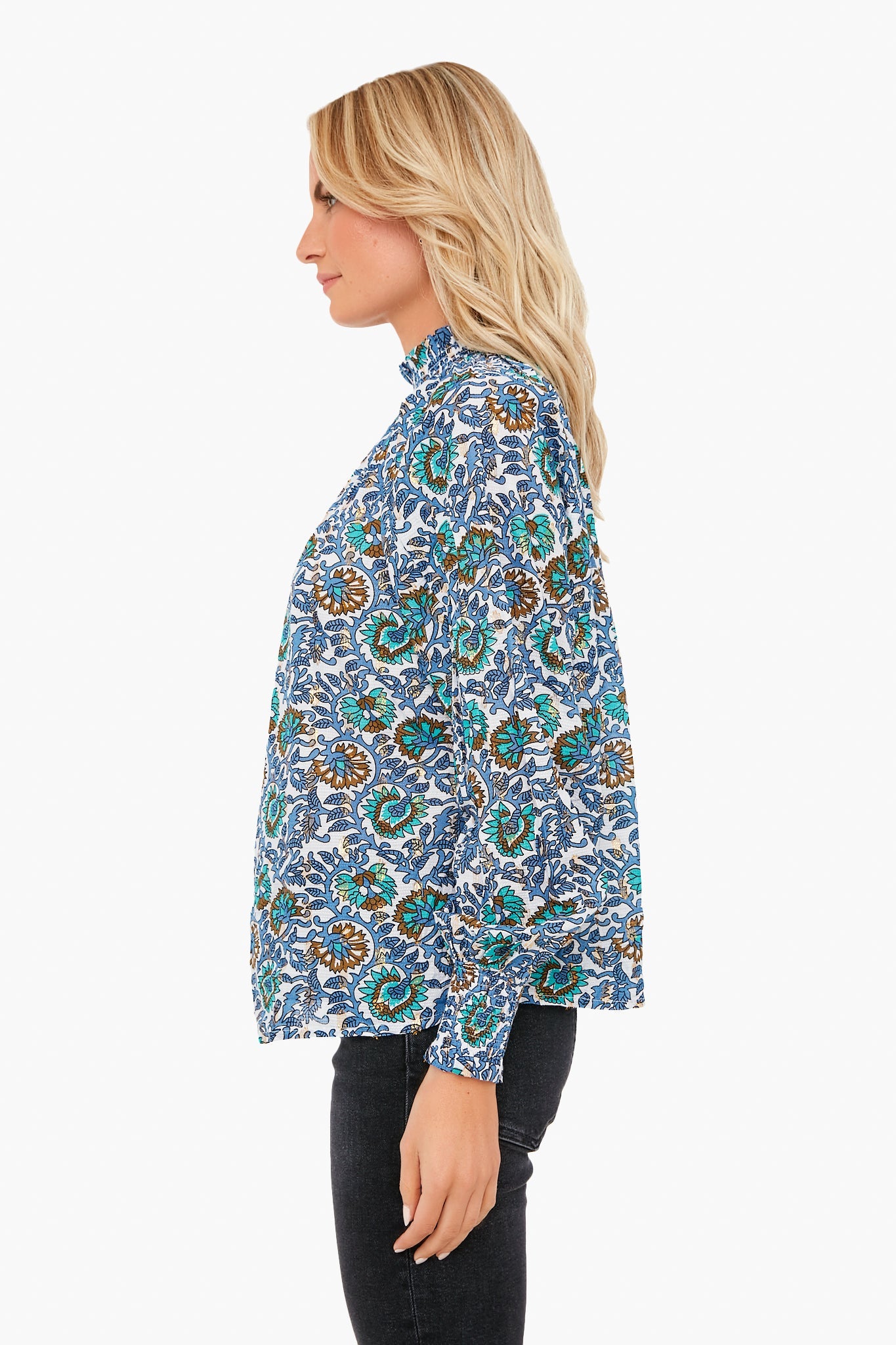 Gold Lurex Dot Napa Blue High Neck Top