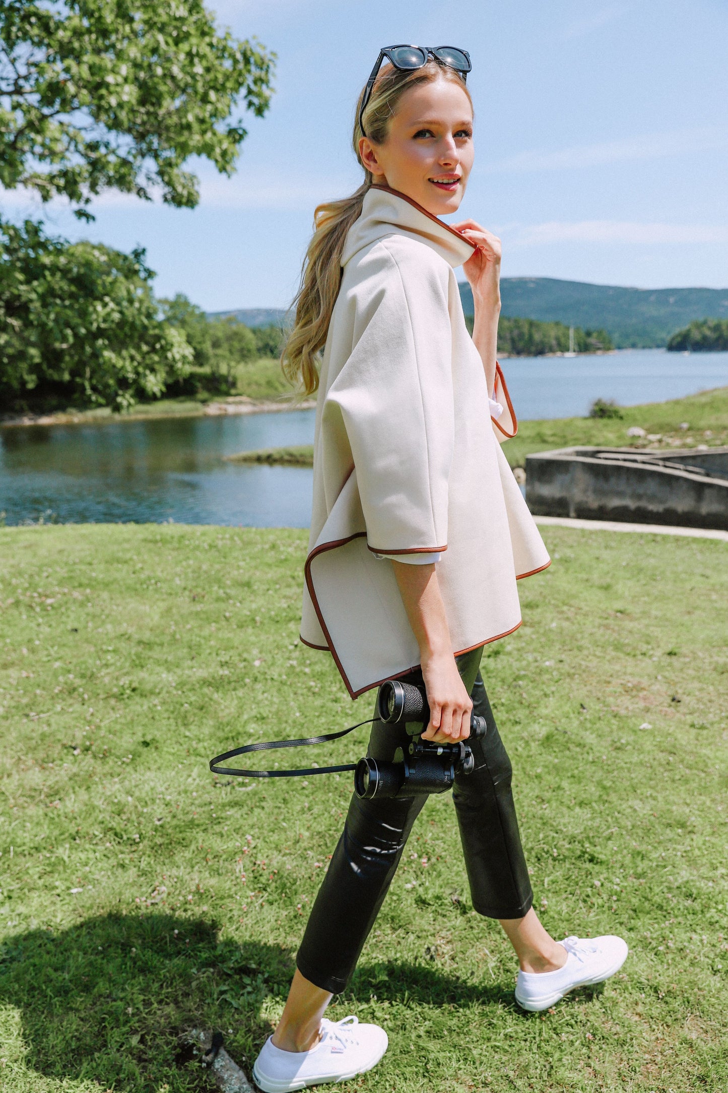 Ivory Pearl Leather Trim Funnel Neck Piper Poncho