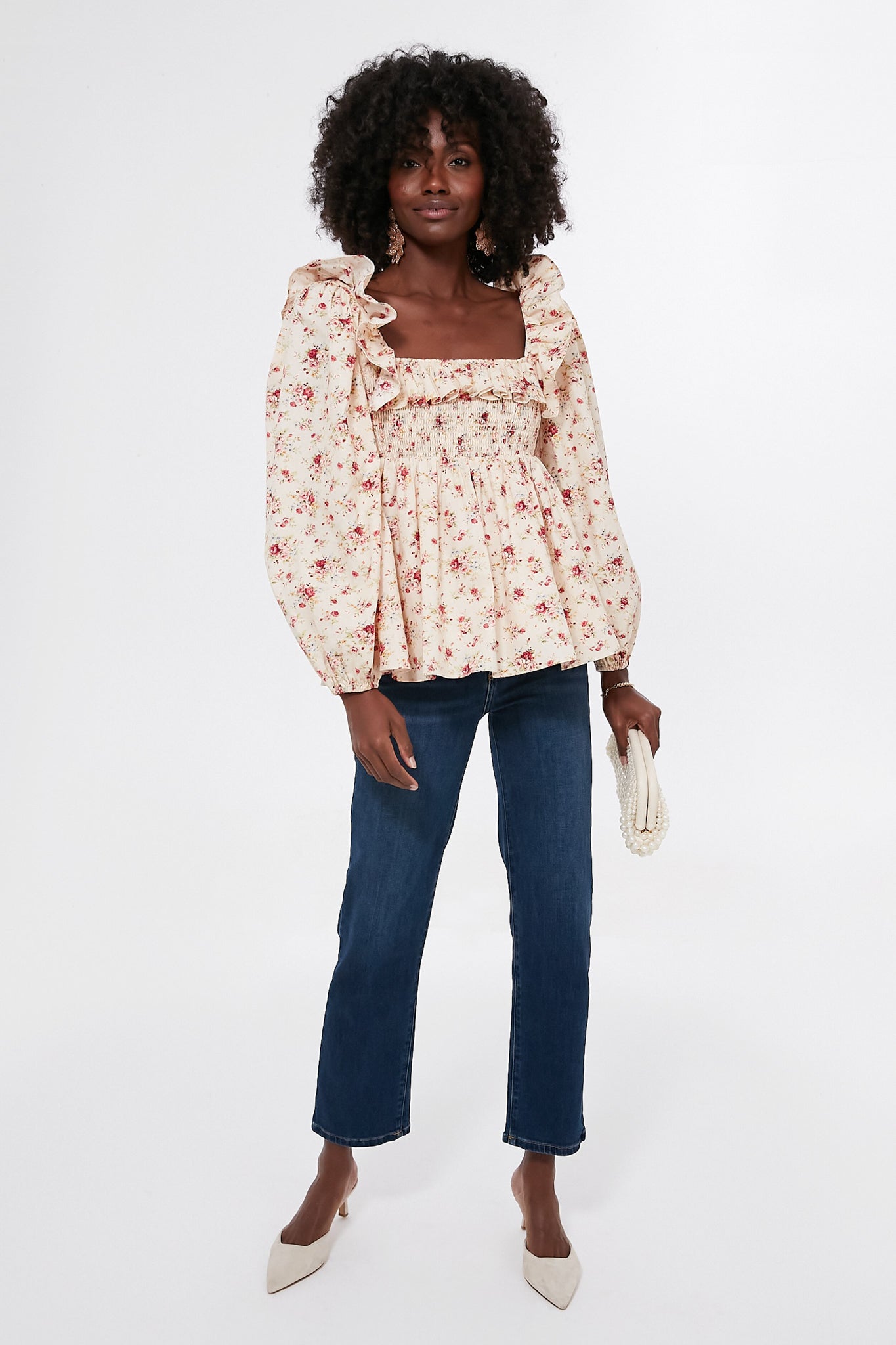 Cream Floral Ruffle Sleeve Addison Blouse