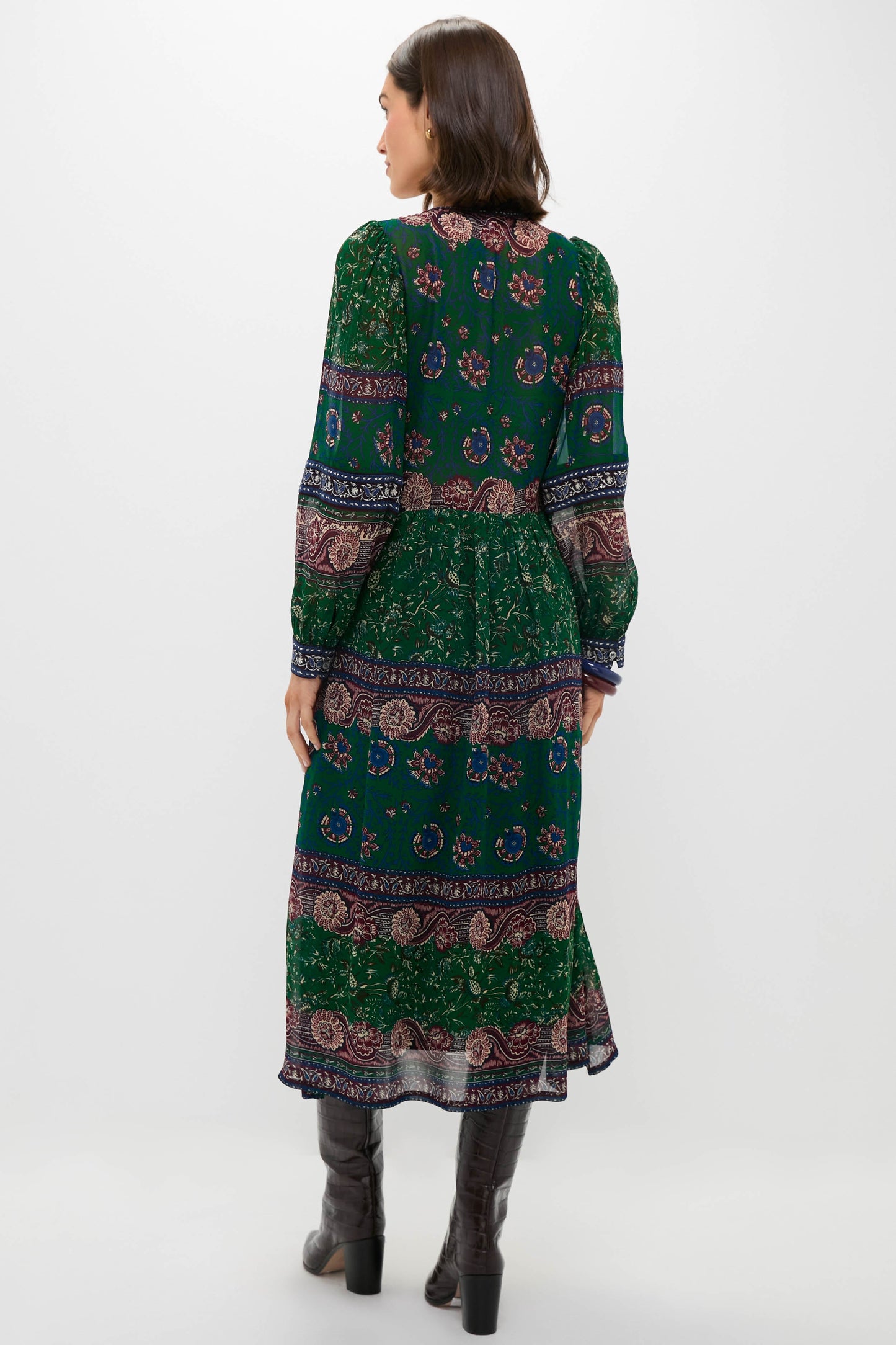 Green Melba Print Long Sleeve Midi Dress