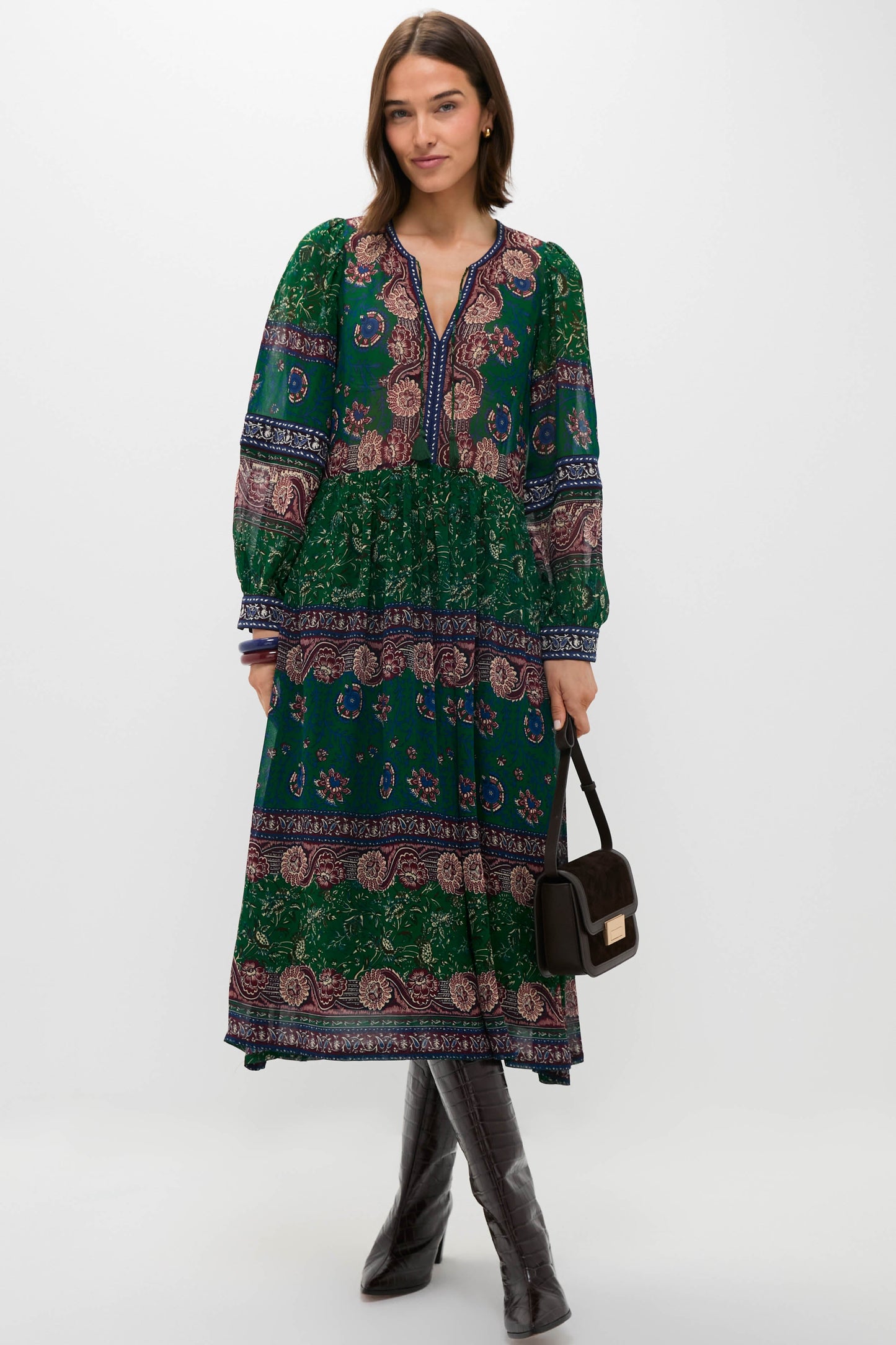 Green Melba Print Long Sleeve Midi Dress
