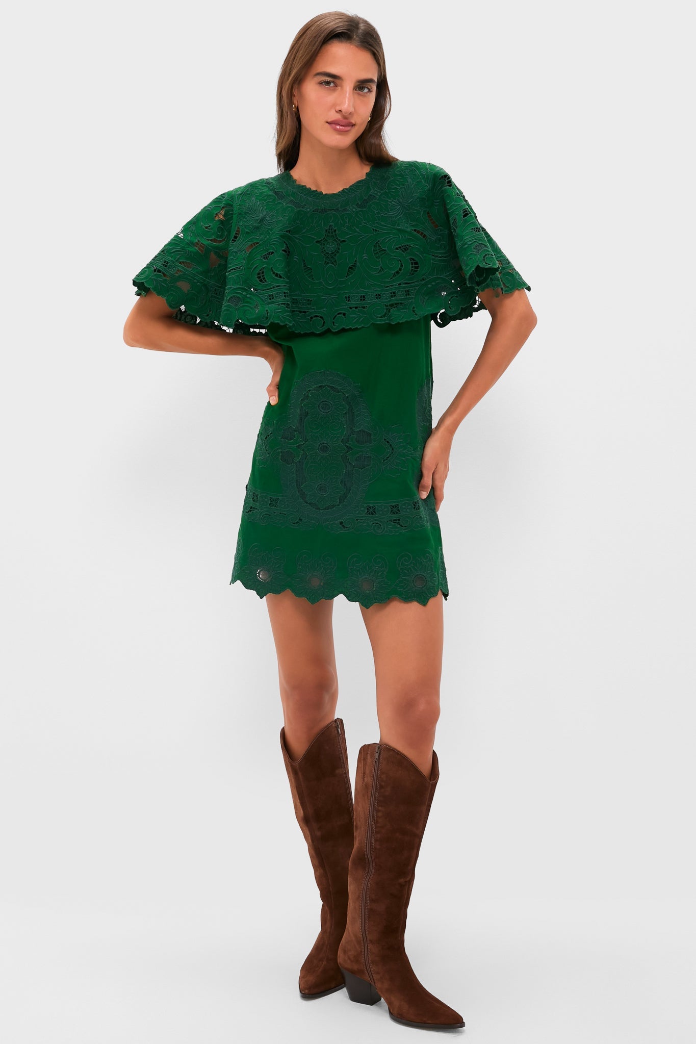 Green Ceci Embroidery Capelet Mini Dress