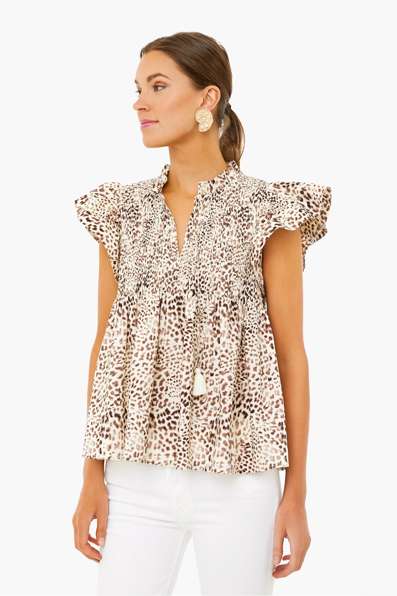 Day Calla Cheetah Flutter Sleeve Smocked Top