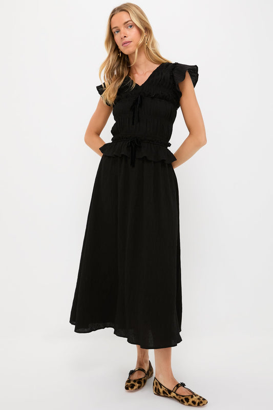 Black Flutter Sleeve Midi Dress