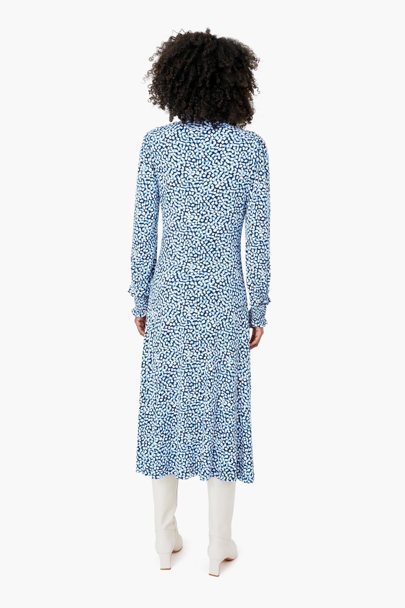 Blue Knit Turtleneck Dress in Square Geo
