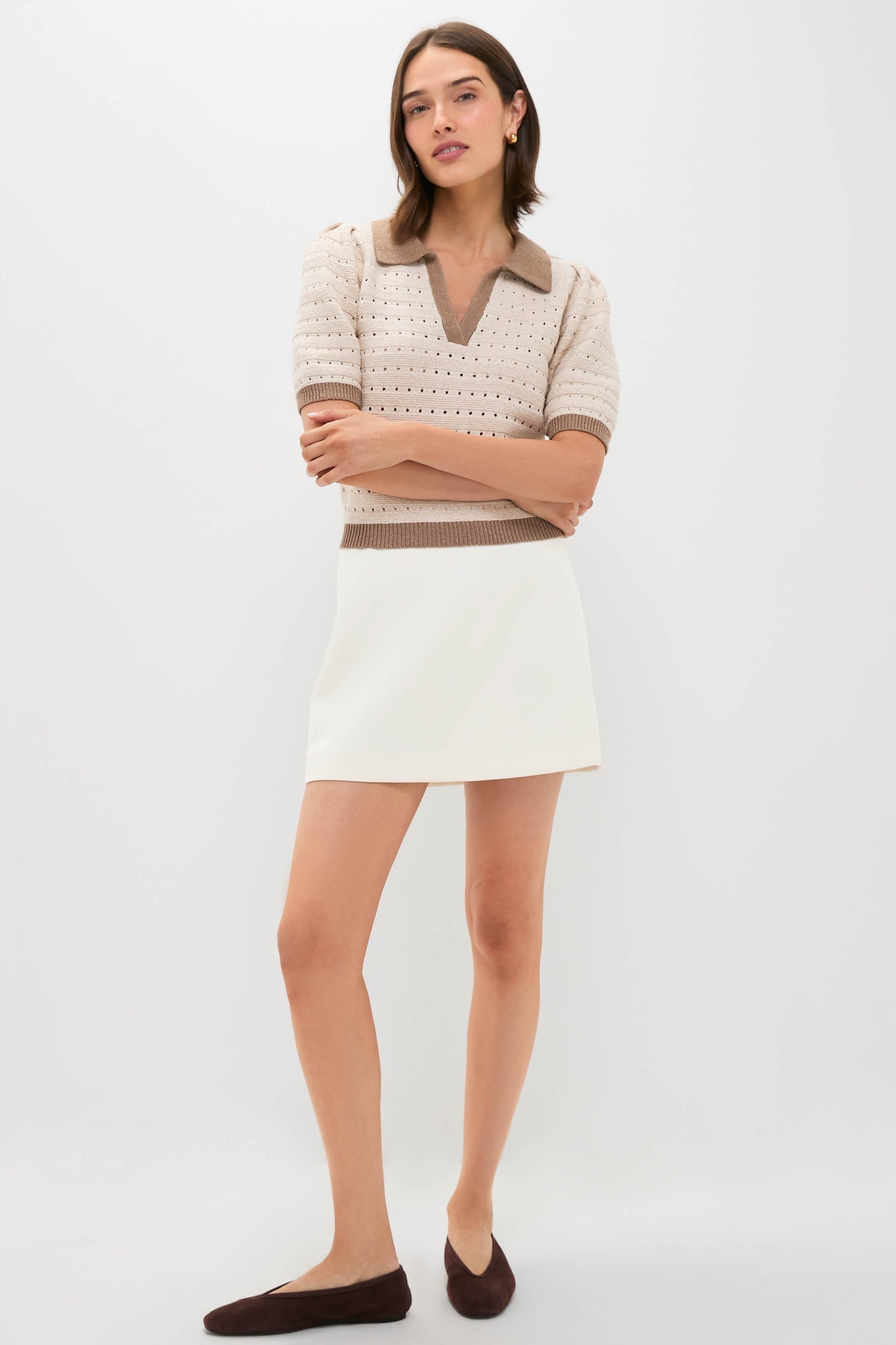 Cream and Tan Collared Short Sleeve Phil Sweater