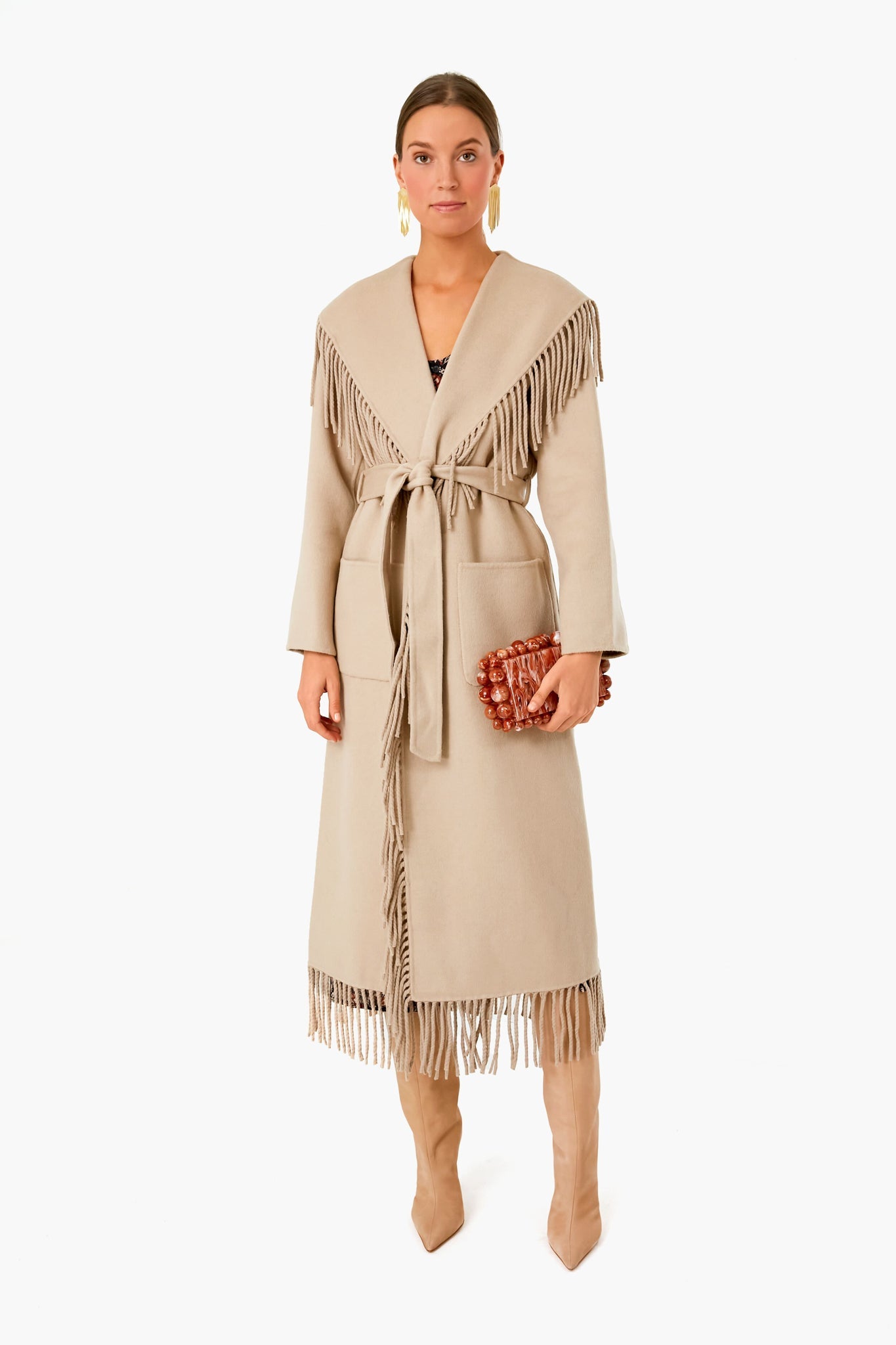 Sand Carrie Double Faced Wool Lapel Fringe Long Coat