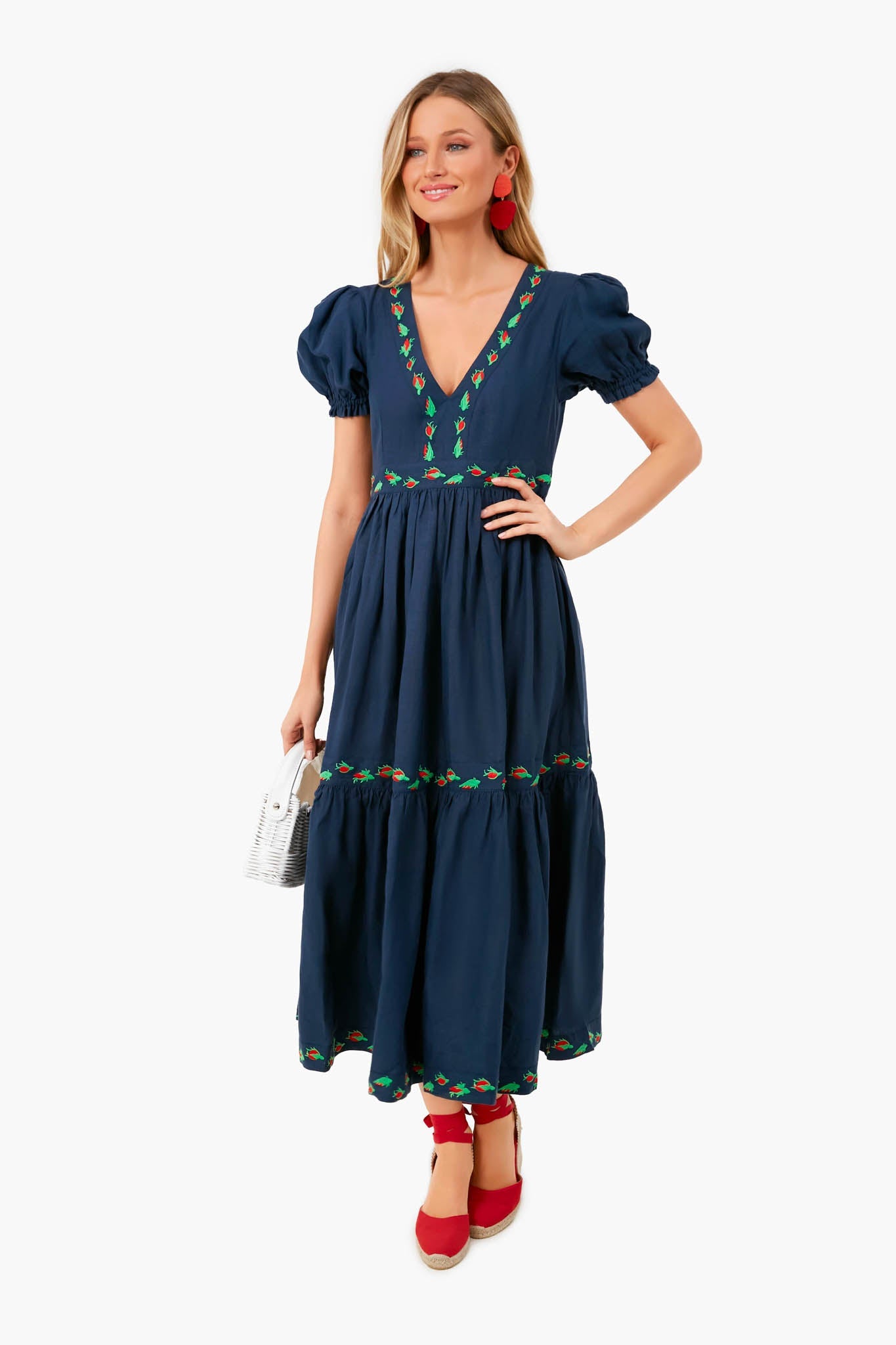Indigo Aktur Linen V-Neck Embroidered Midi Dress