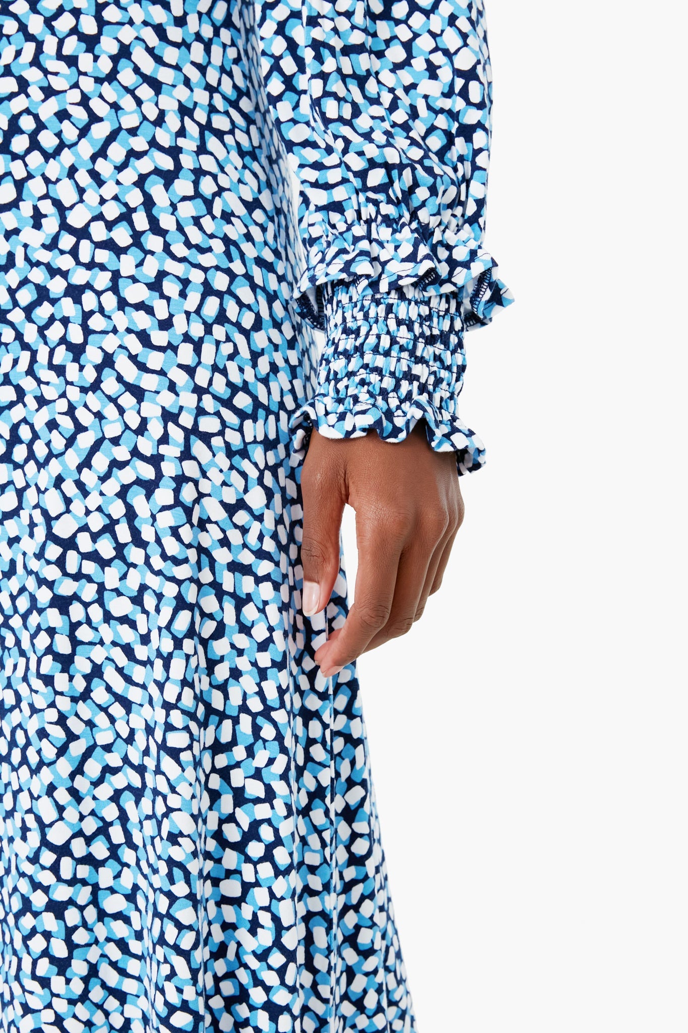 Blue Knit Turtleneck Dress in Square Geo