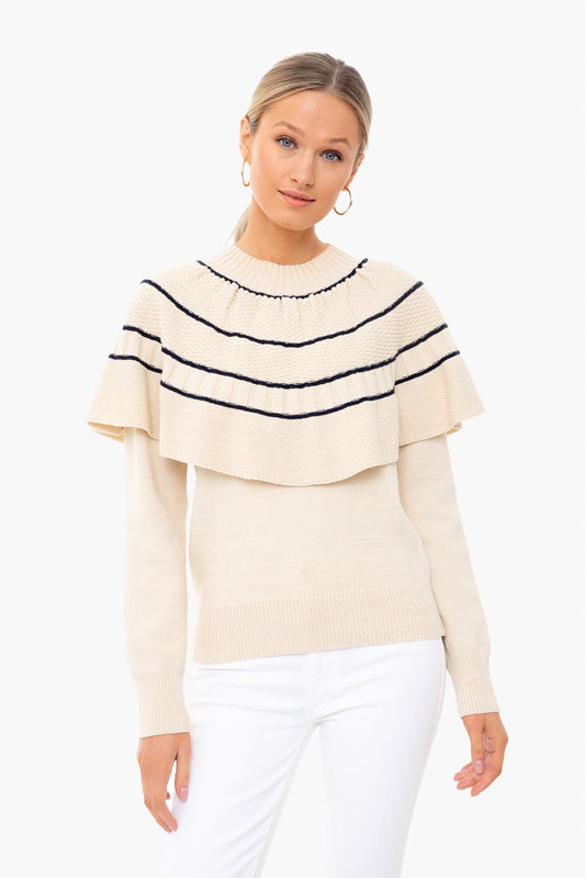 Natural and Navy Textural Stitch Capelet Sweater