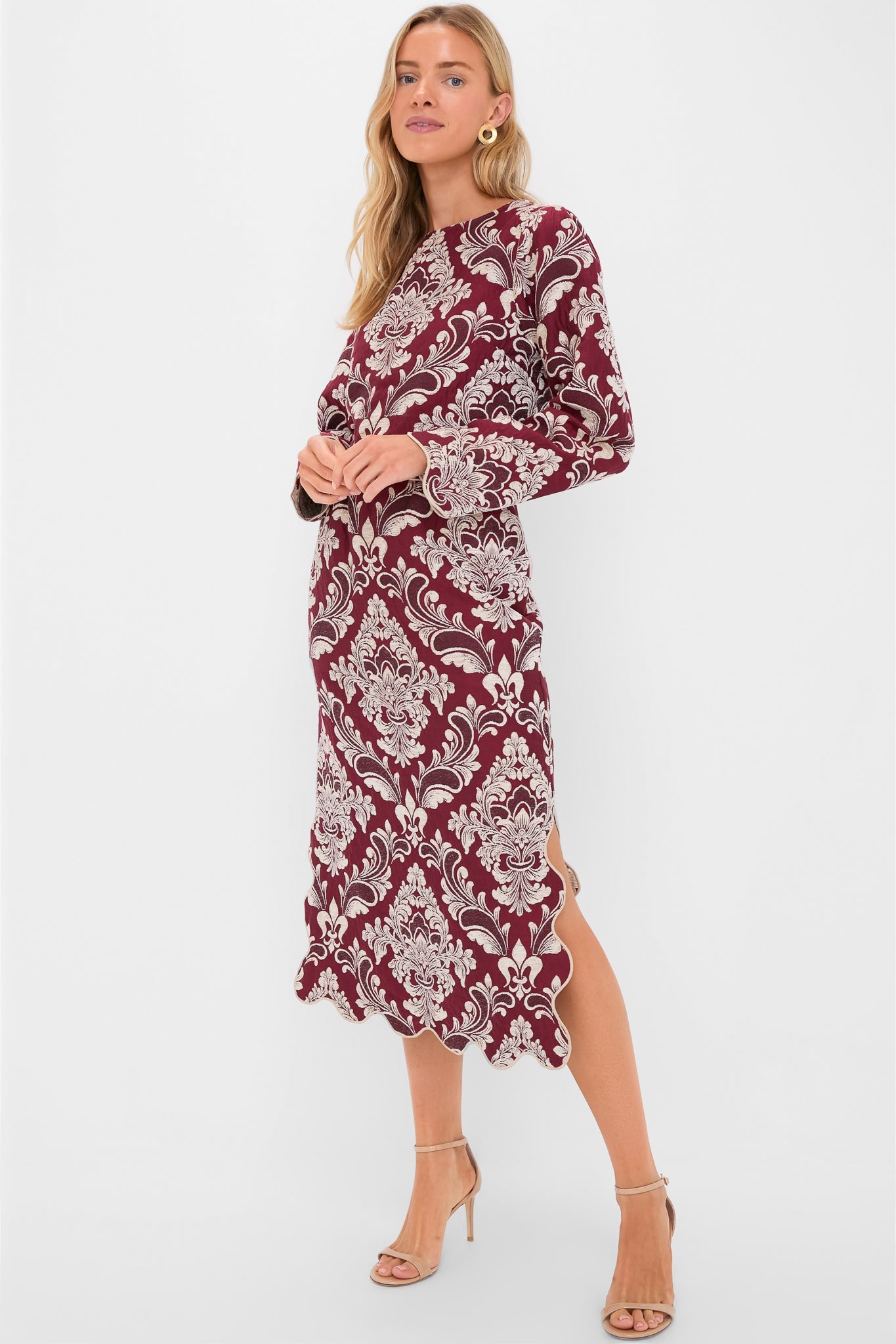 Blush Pink and Burgundy Bicolor Jacquard Waves Midi Skirt