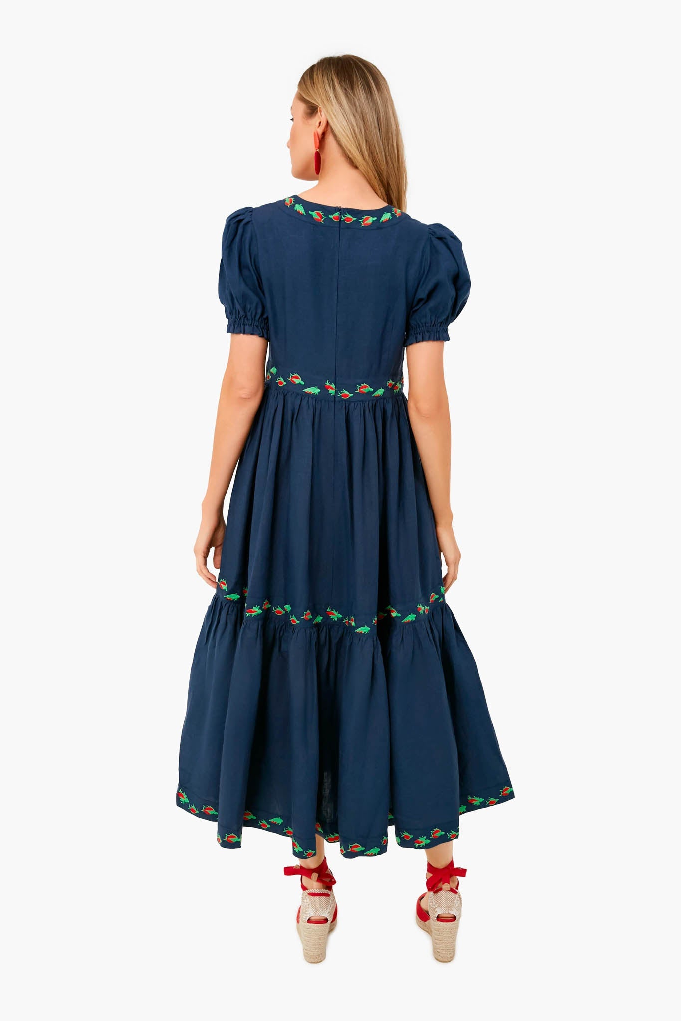 Indigo Aktur Linen V-Neck Embroidered Midi Dress