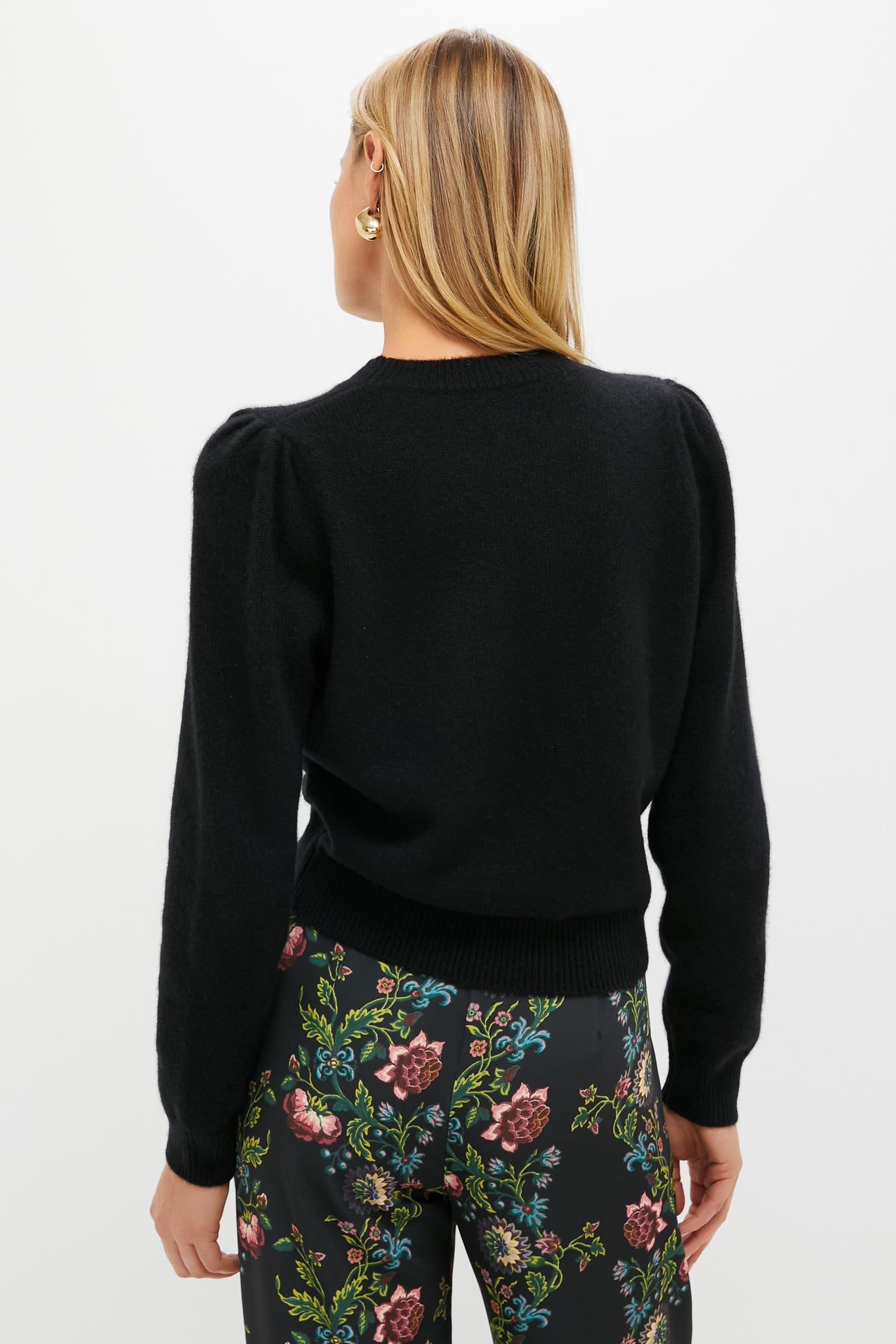 Black Cashmere Puff Sleeve Macy Crewneck Sweater