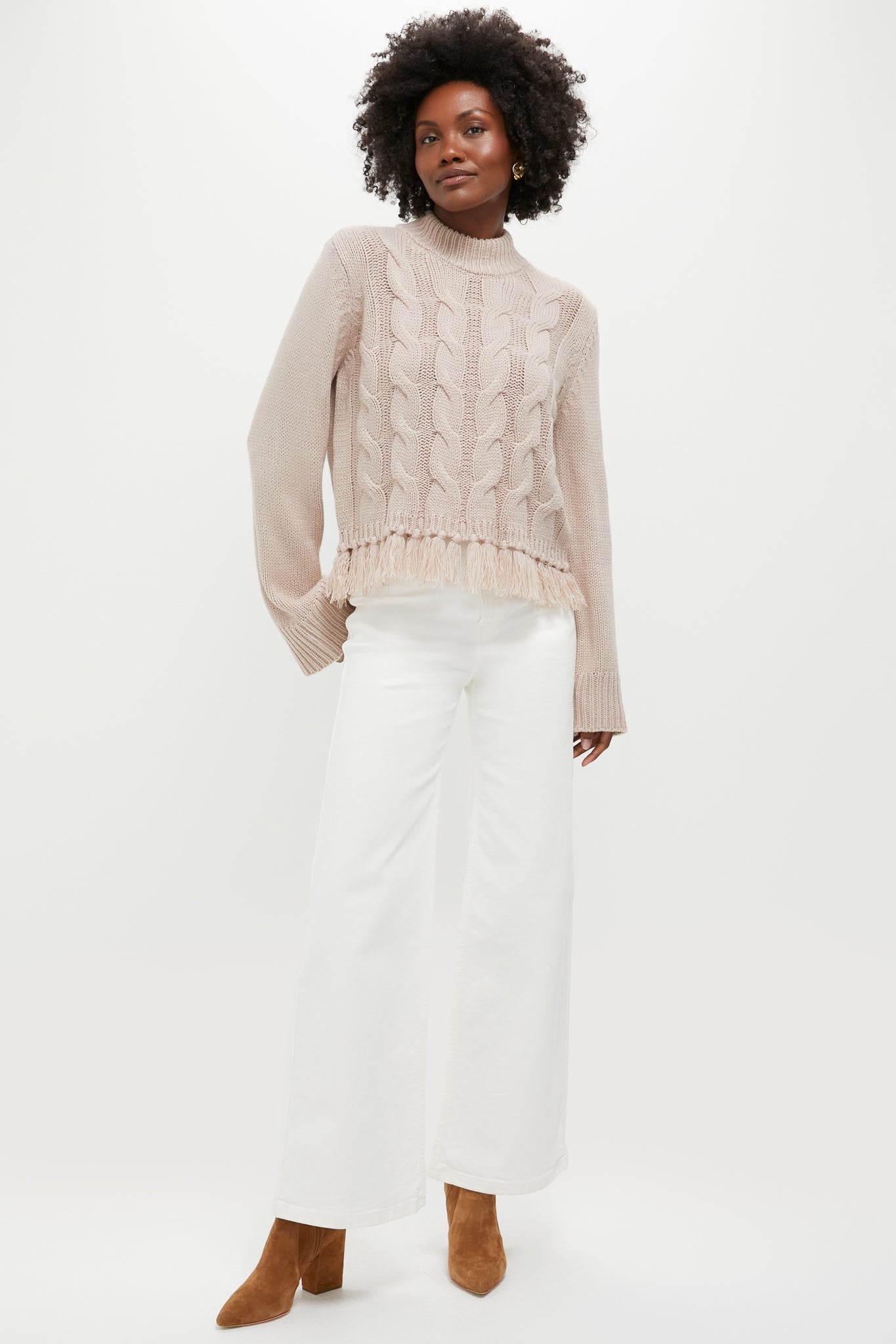 Taupe Fringe Cable Knit Carly Sweater