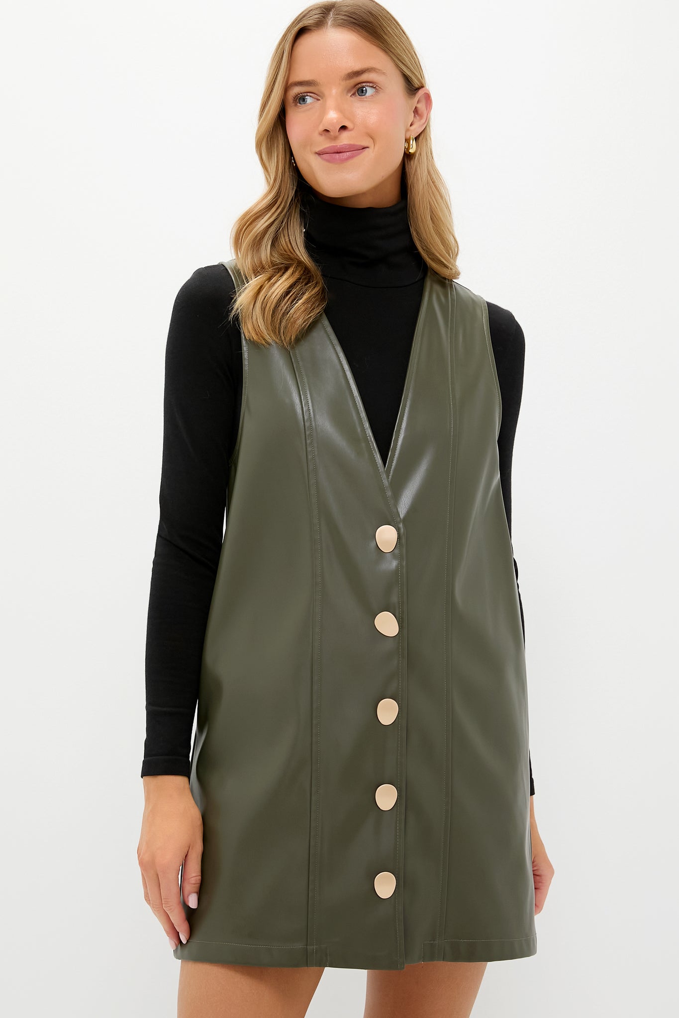 Olive Faux Leather Pinafore Dress