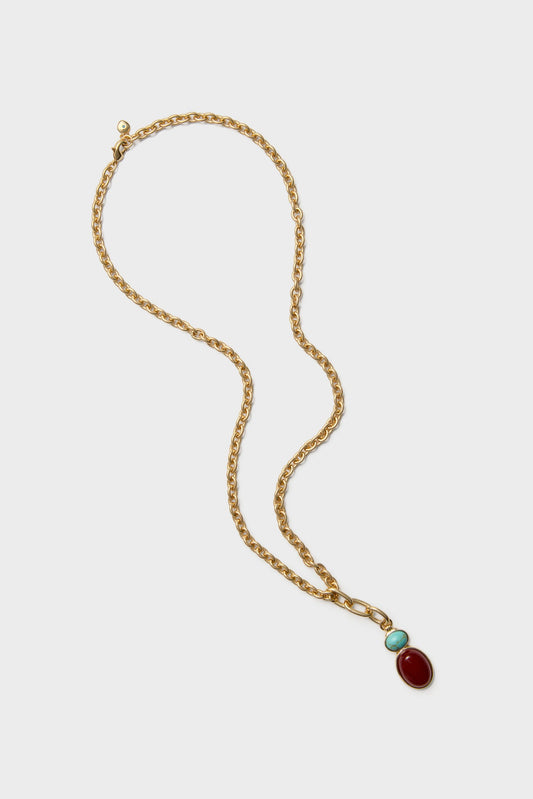 Shiny Gold, Turquoise and Carnelian Semi Precious Stone Necklace