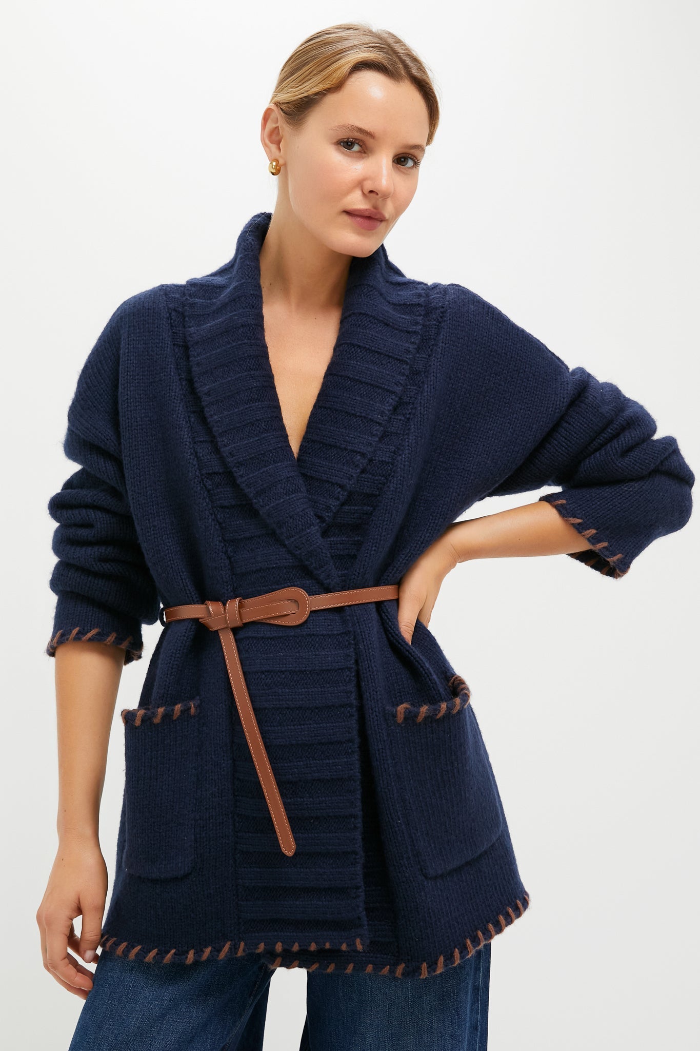 Navy and Brown Blanket Stitch Harrow Cardigan