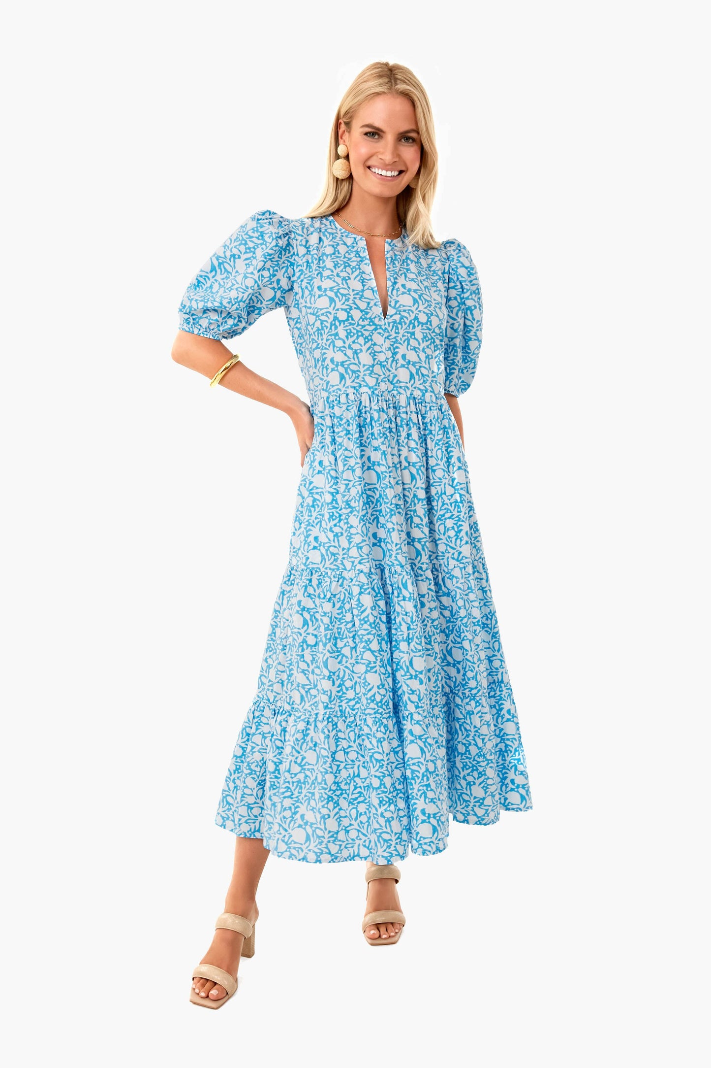 Canary Blue Puff V-Neck Maxi Dress