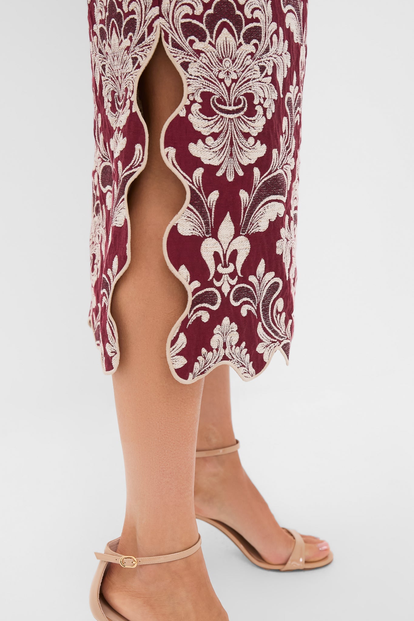 Blush Pink and Burgundy Bicolor Jacquard Waves Midi Skirt