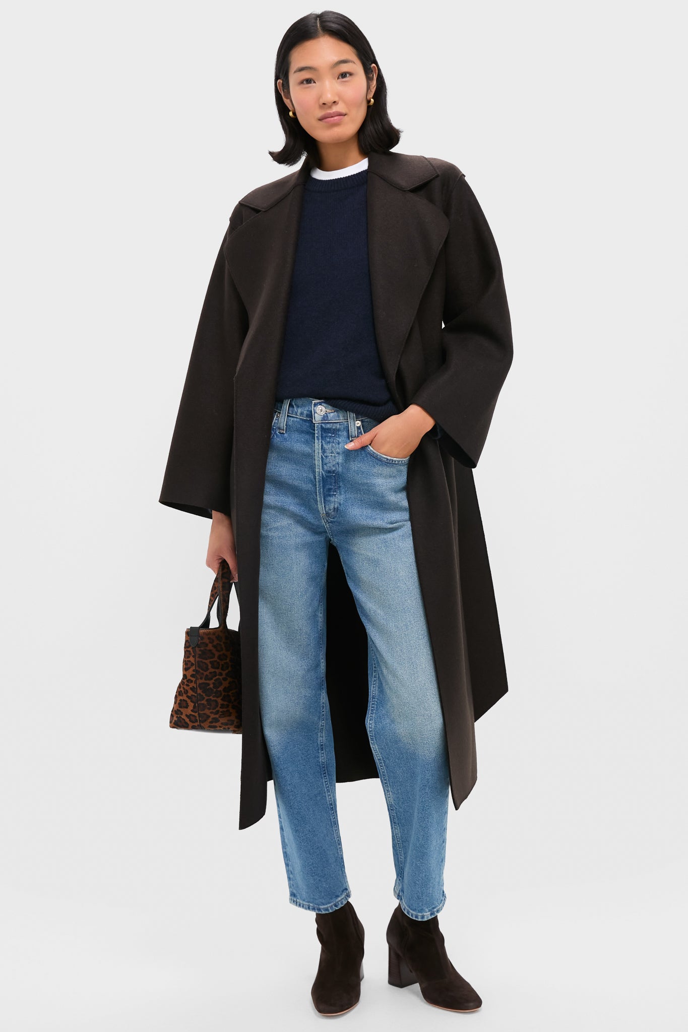 Dark Brown Belted Clutch Pressed Wool Coat