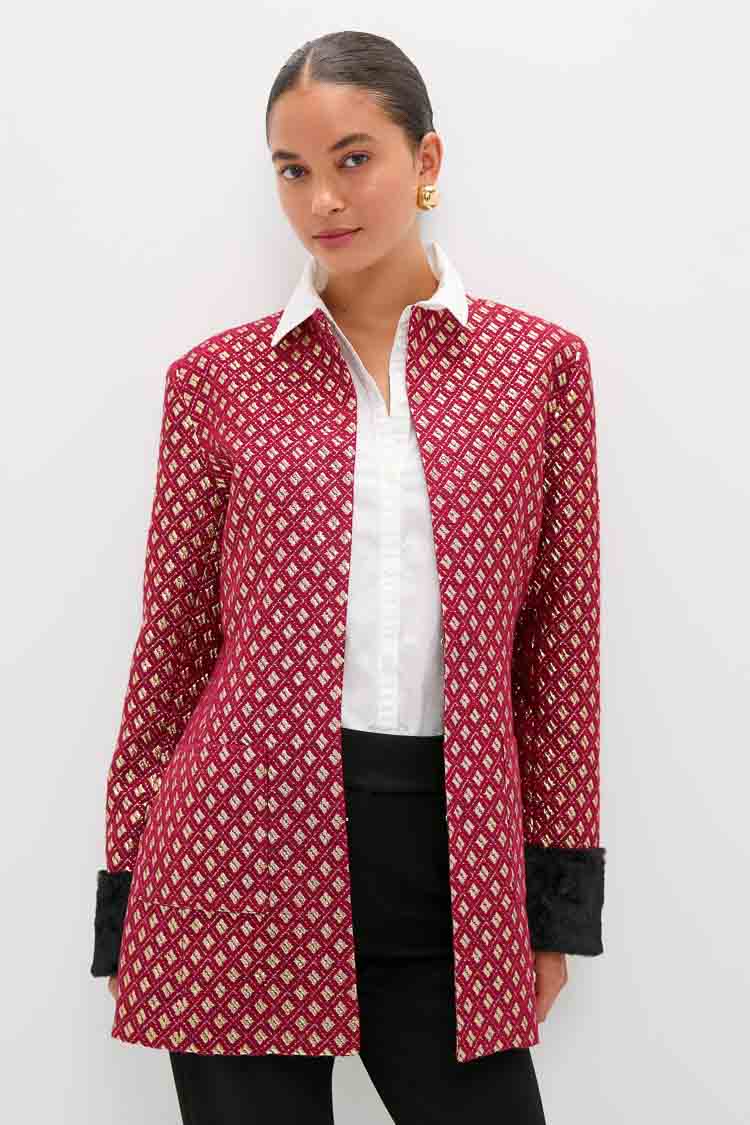Burgundy and Gold Lea Geom Fur Jacket