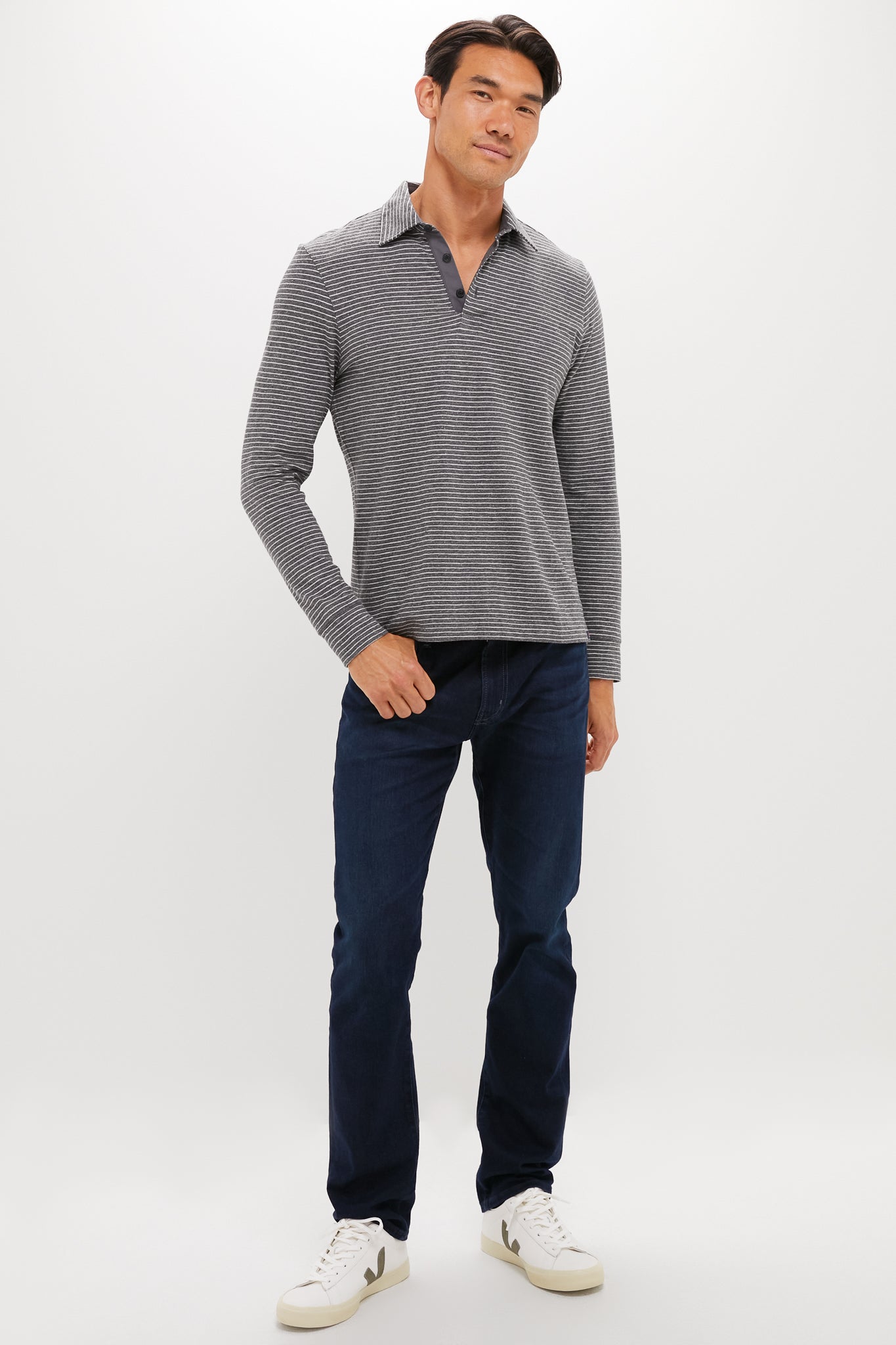 Charcoal Grey Stripe Sunwashed Long Sleeve Polo
