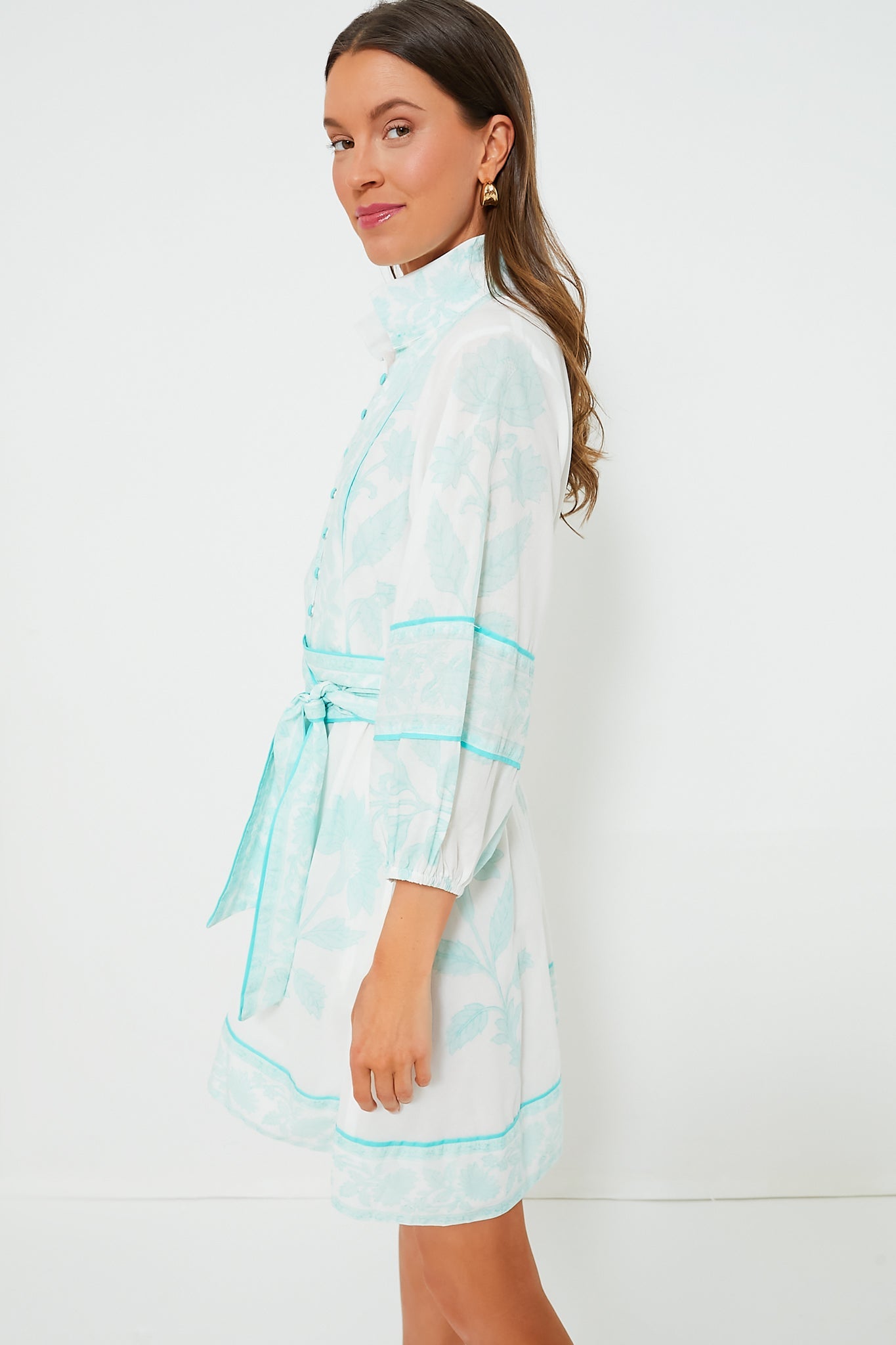 Exclusive Light Turquoise Flounce Shorty Dahlia Print Mini Dress