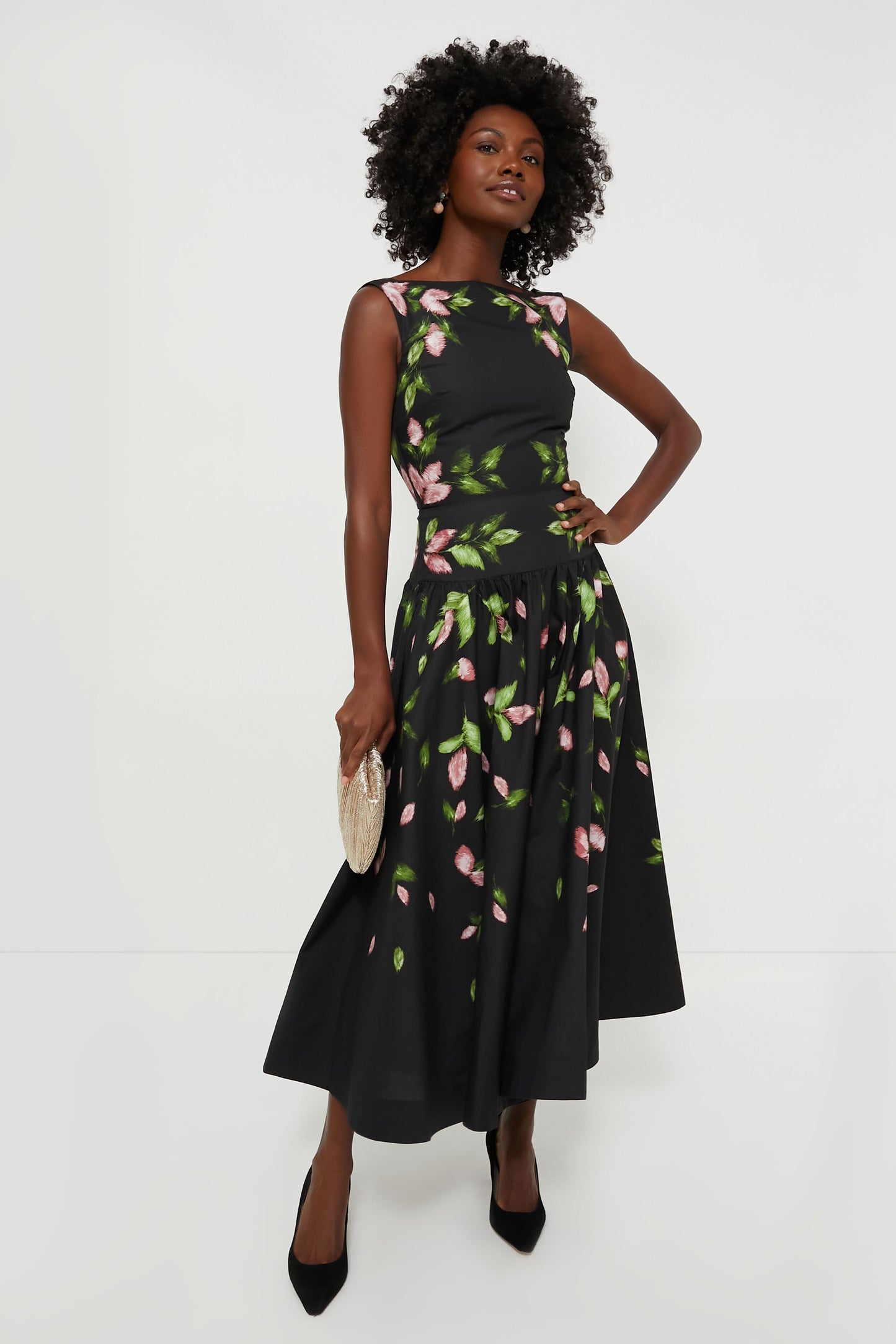 Black Floral Sleeveless Midi Dress