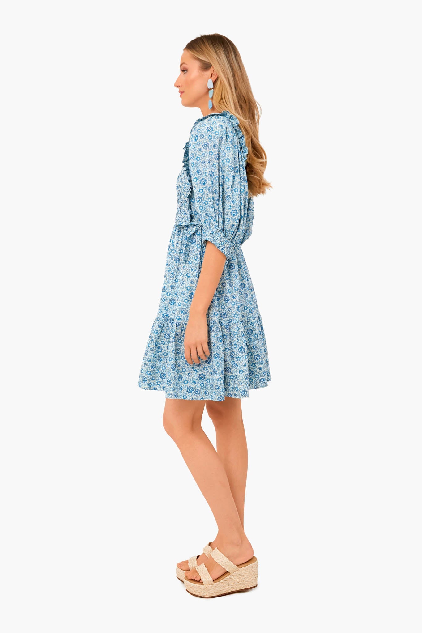 Blue Ida Print Puff Sleeve Smocked Dress