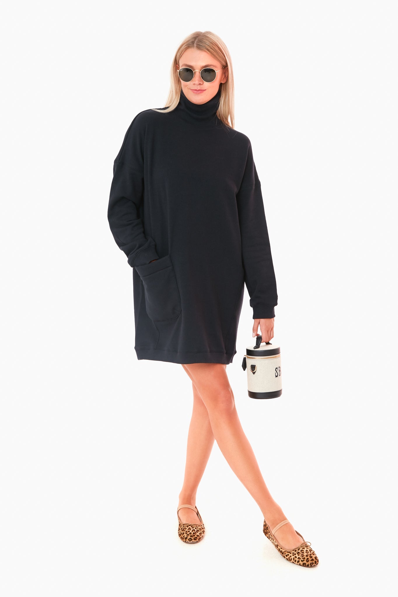 Black Lightweight Terry Turtleneck Dress