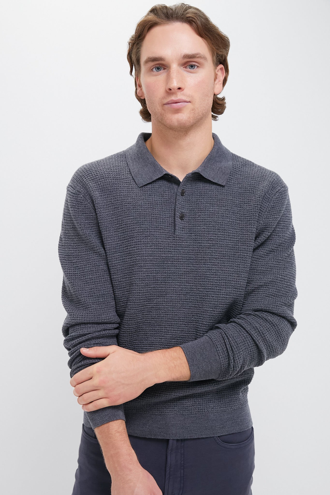 Charcoal Merino Waffle Polo