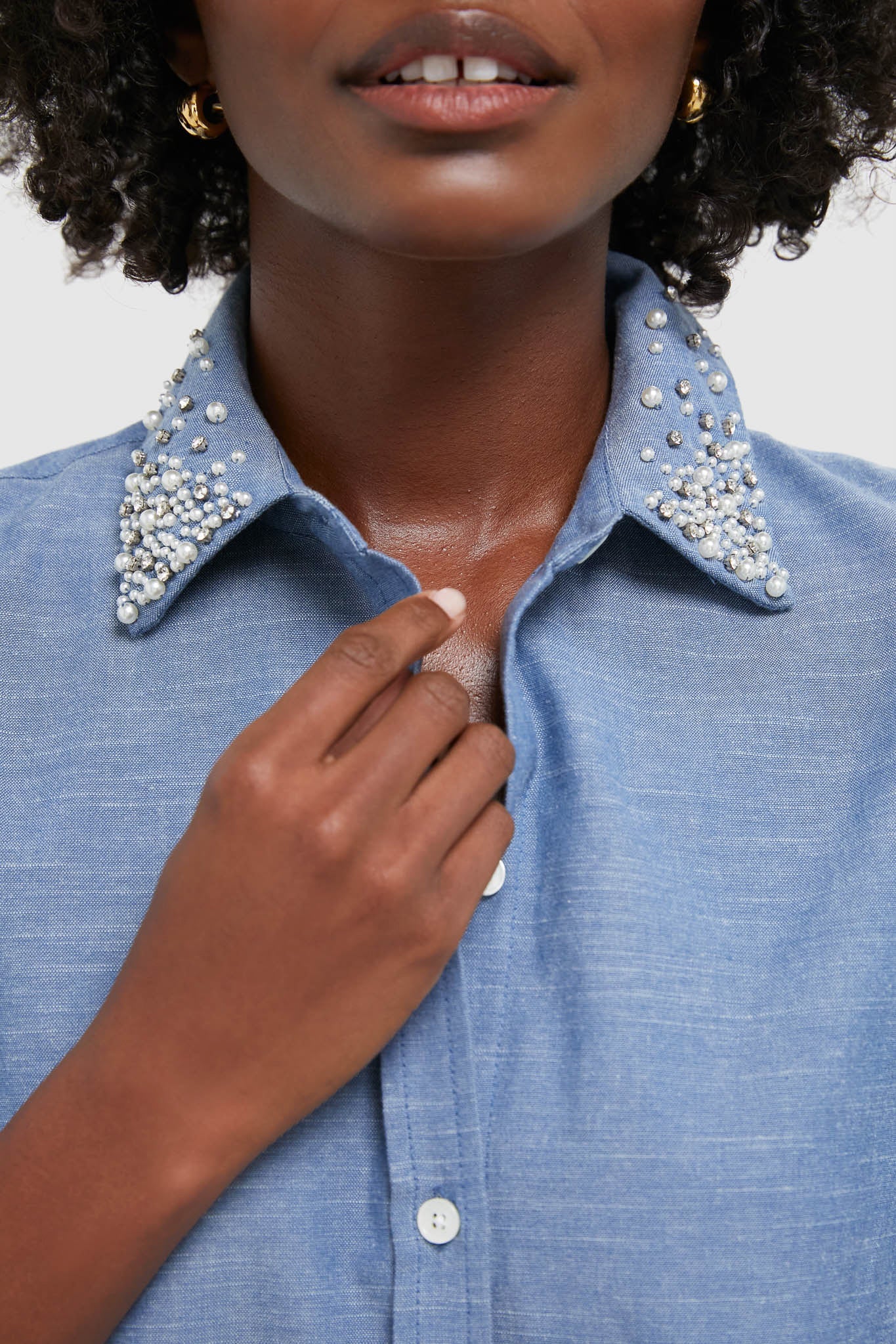 Chambray Denim Embellished Cropped Jasper Button Down