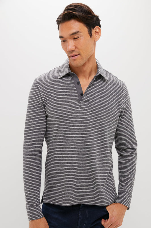 Charcoal Grey Stripe Sunwashed Long Sleeve Polo