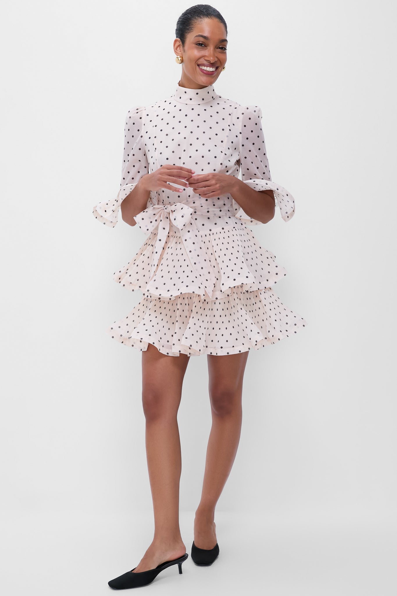 Cream and Black Polka Dot Pleated Sleeved Mini Dress